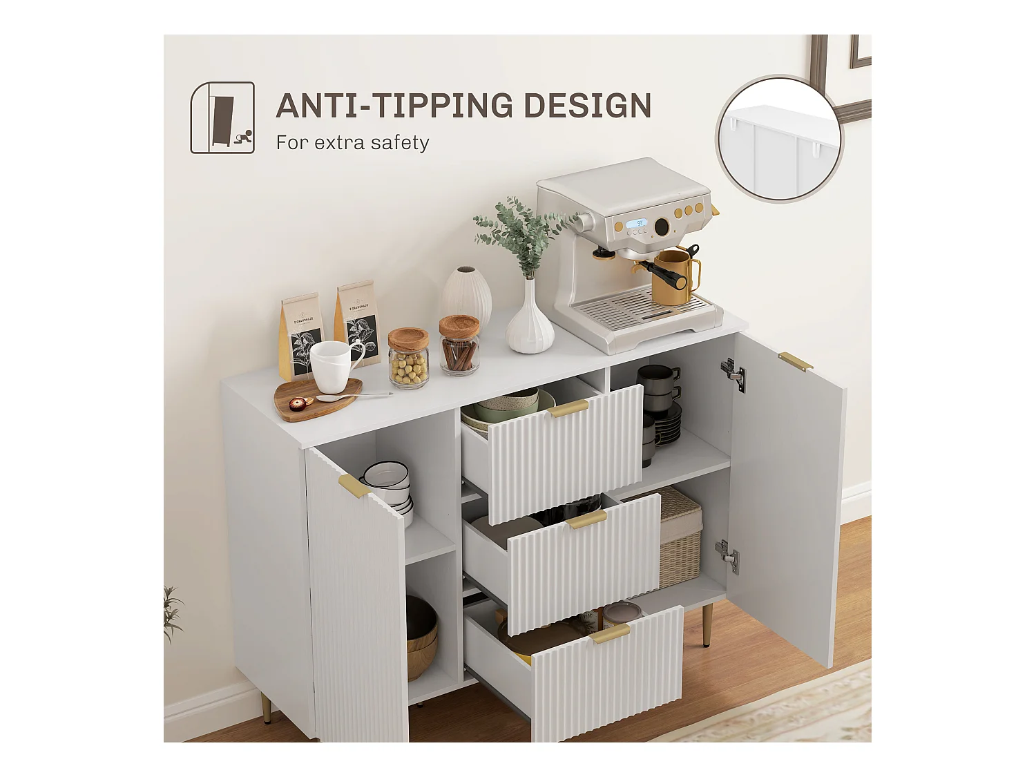 Credenza moderna con 3 cassetti e 2 armadietti bianco