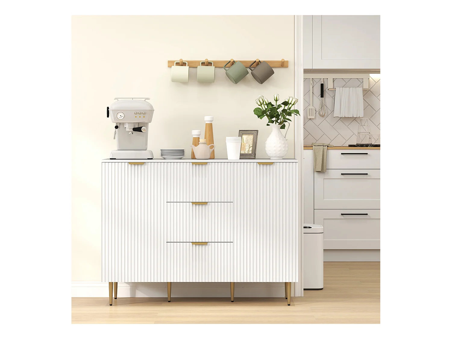 Credenza moderna con 3 cassetti e 2 armadietti bianco