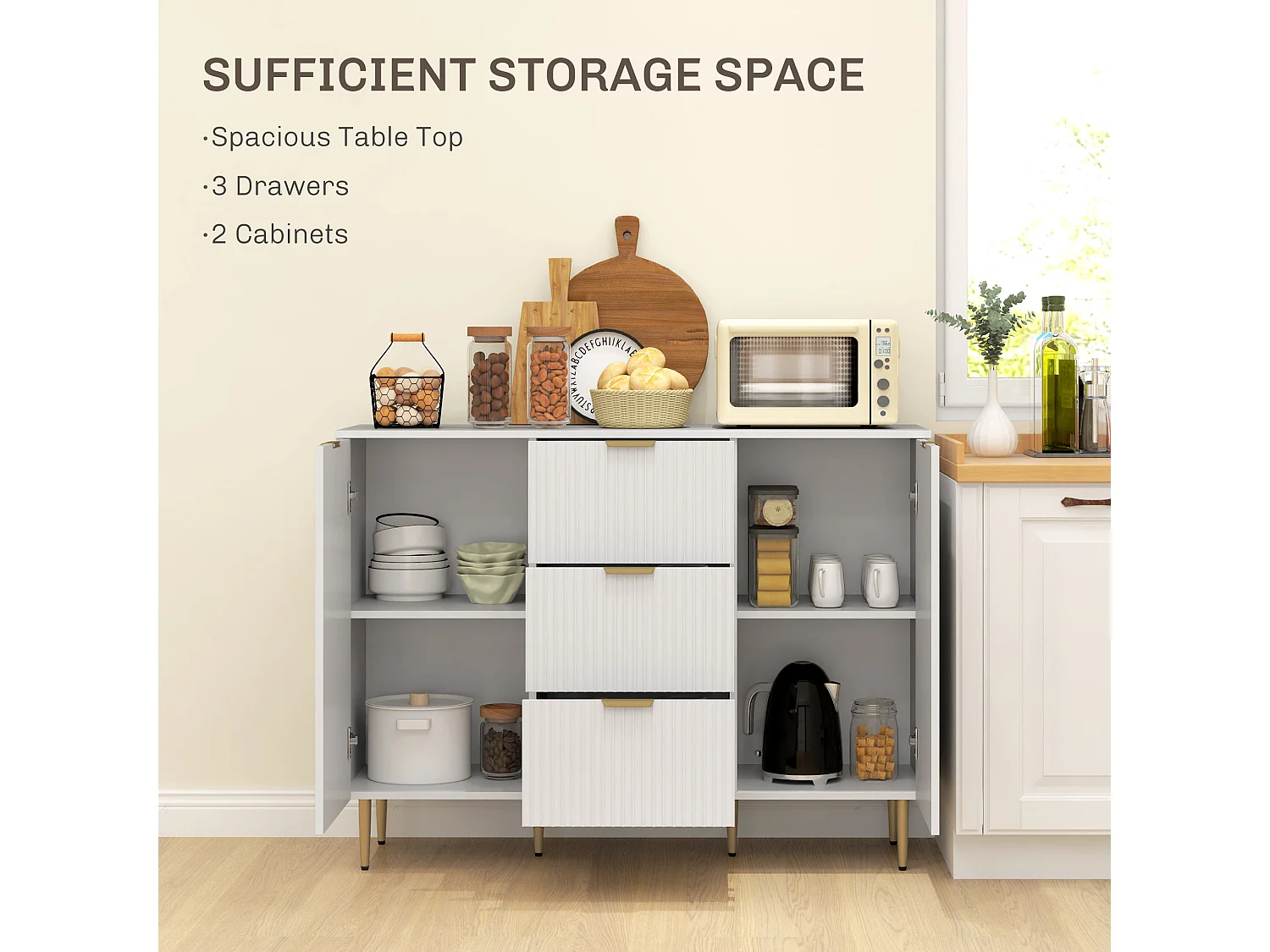 Credenza moderna con 3 cassetti e 2 armadietti bianco