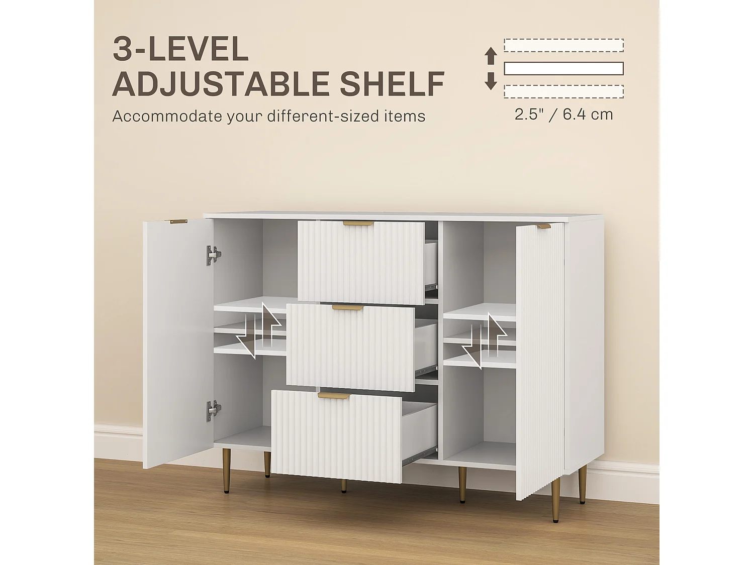 Credenza moderna con 3 cassetti e 2 armadietti bianco