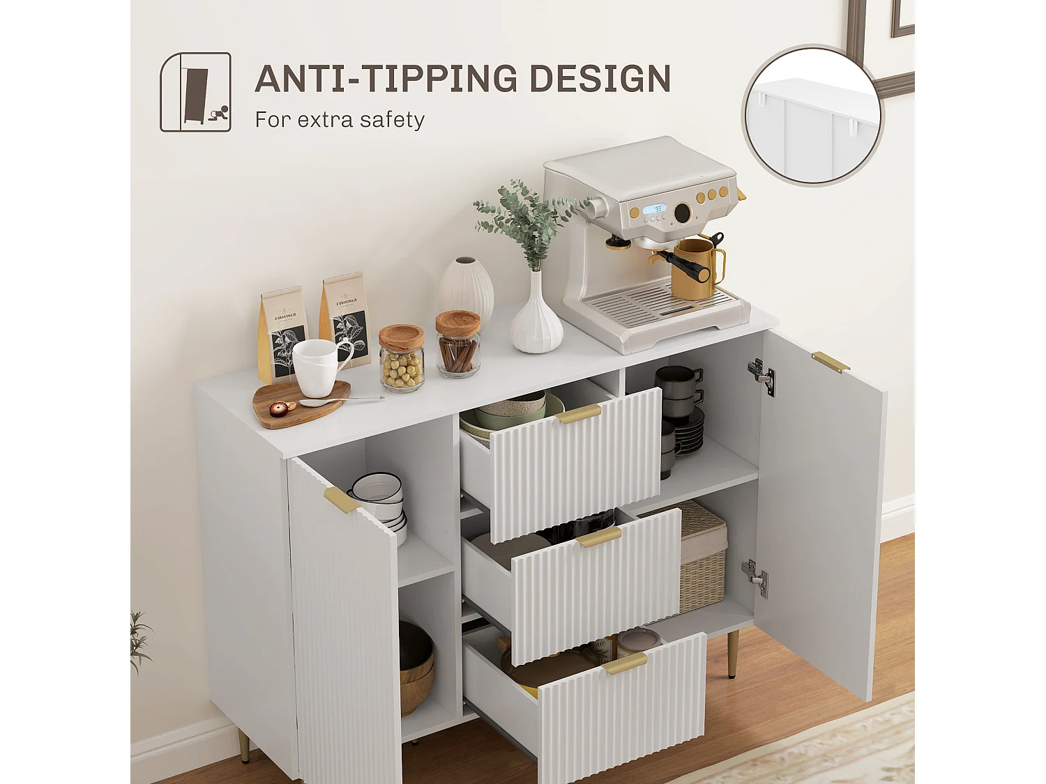 Credenza moderna con 3 cassetti e 2 armadietti bianco