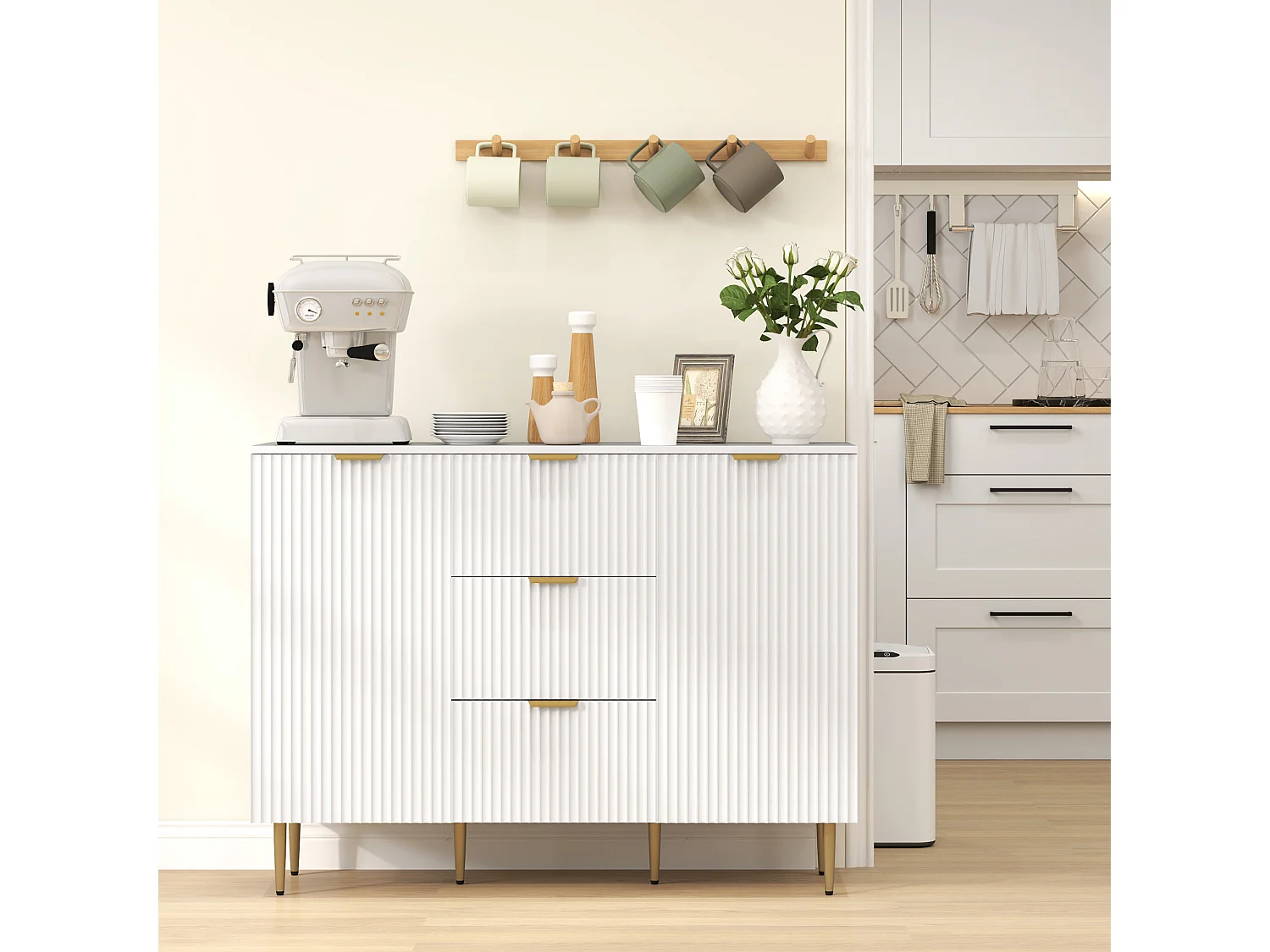 Credenza moderna con 3 cassetti e 2 armadietti bianco
