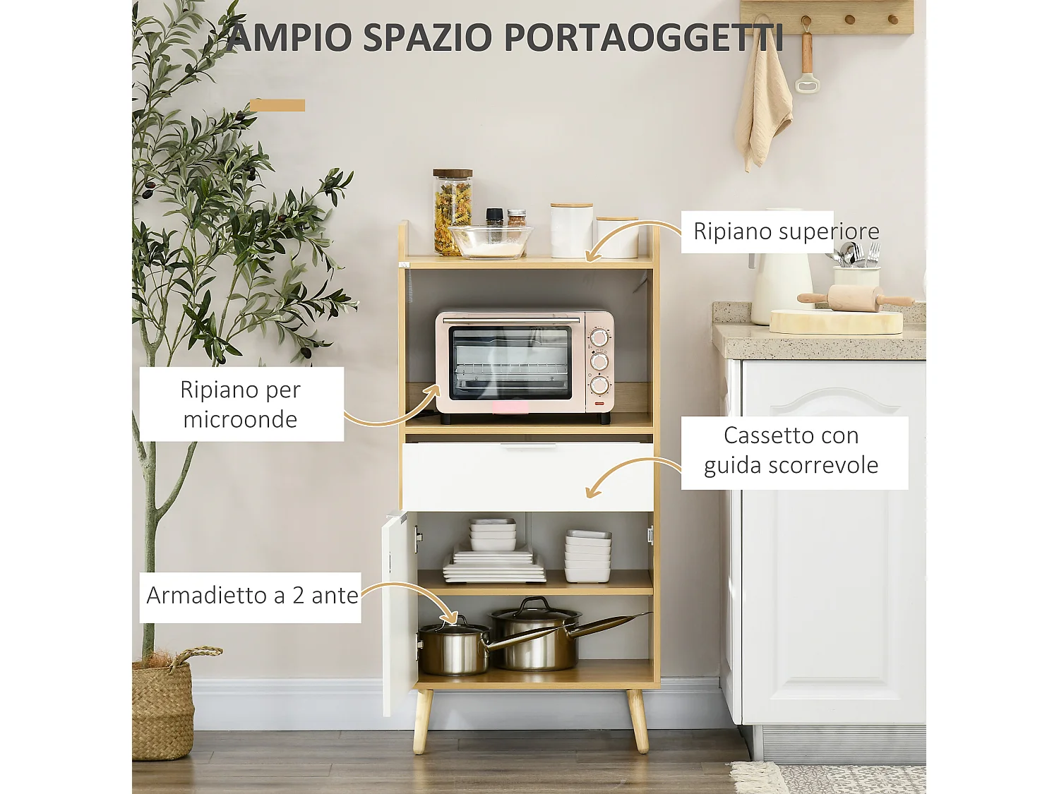 Mobiletto per microonde con ripiano cassetto e armadietto
