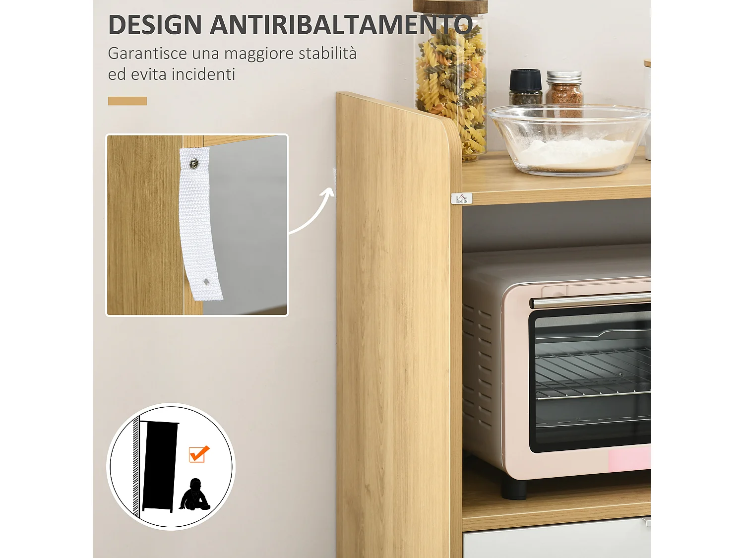 Mobiletto per microonde con ripiano cassetto e armadietto