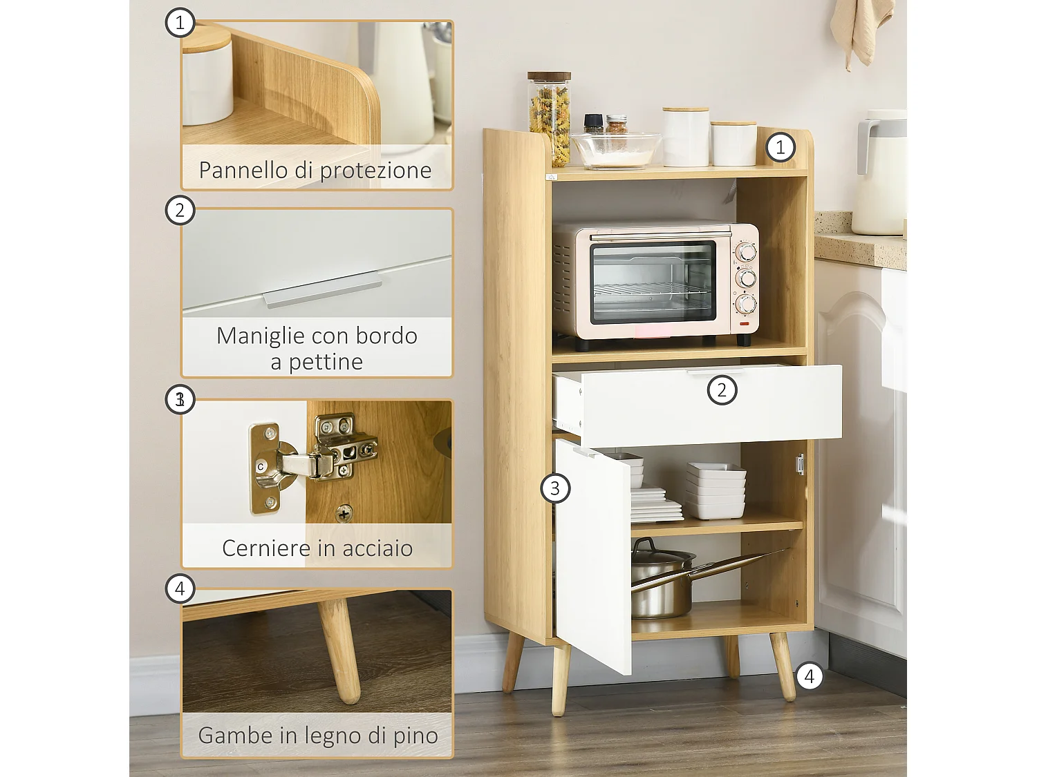 Mobiletto per microonde con ripiano cassetto e armadietto