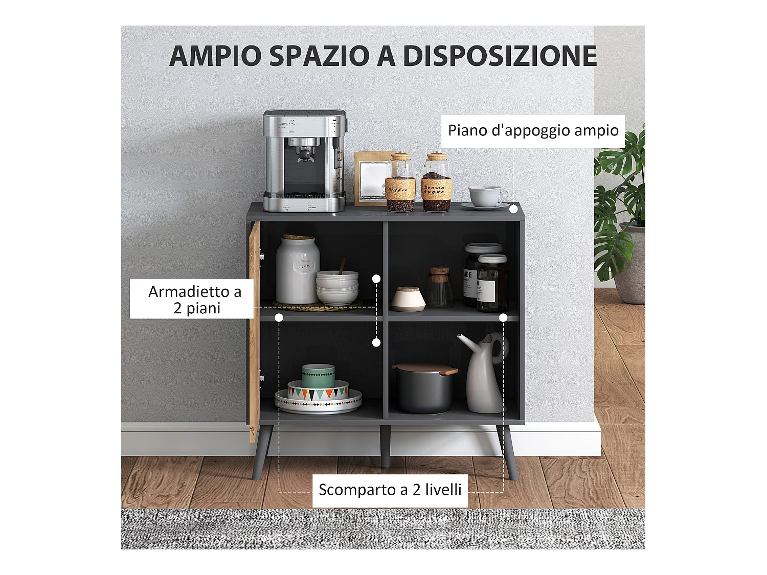 Credenza moderna con armadietto e vano portaoggetti in legno grigio