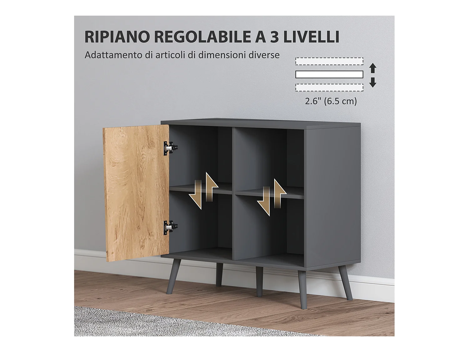 Credenza moderna con armadietto e vano portaoggetti in legno grigio