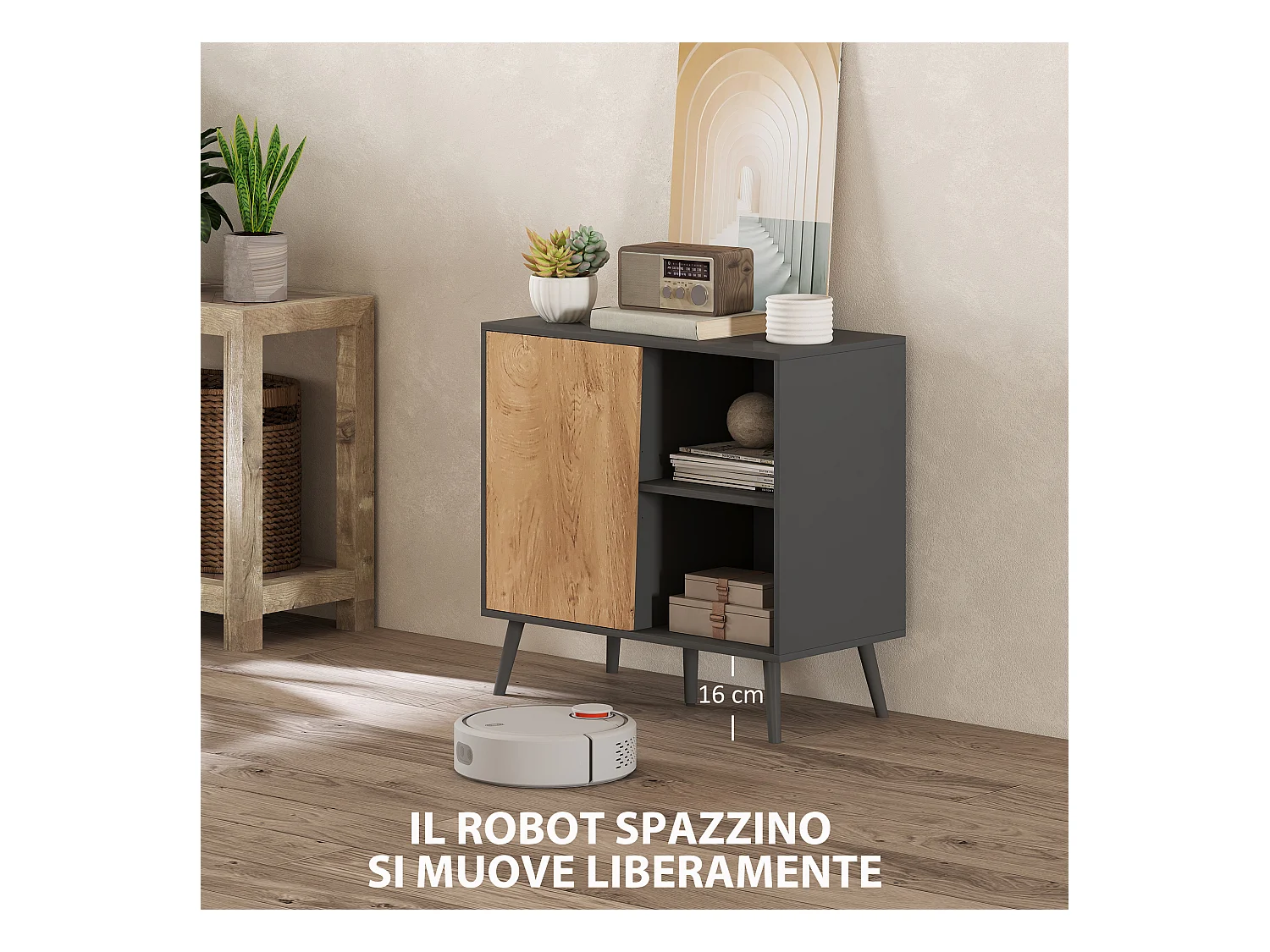 Credenza moderna con armadietto e vano portaoggetti in legno grigio