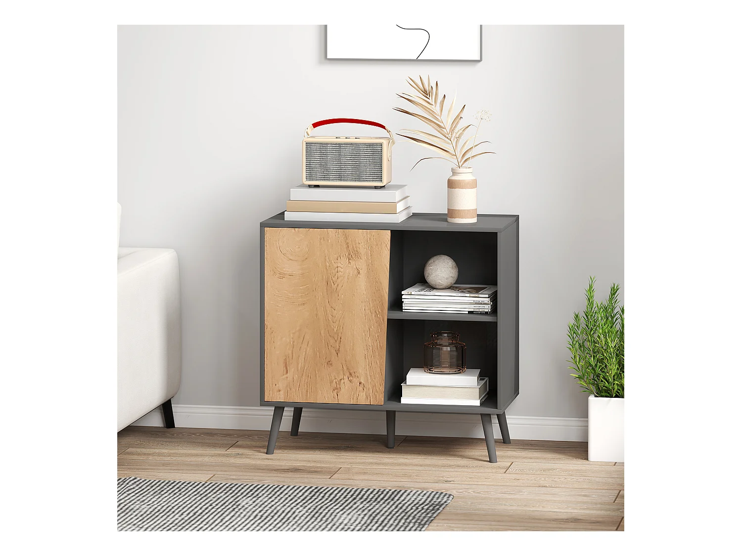 Credenza moderna con armadietto e vano portaoggetti in legno grigio