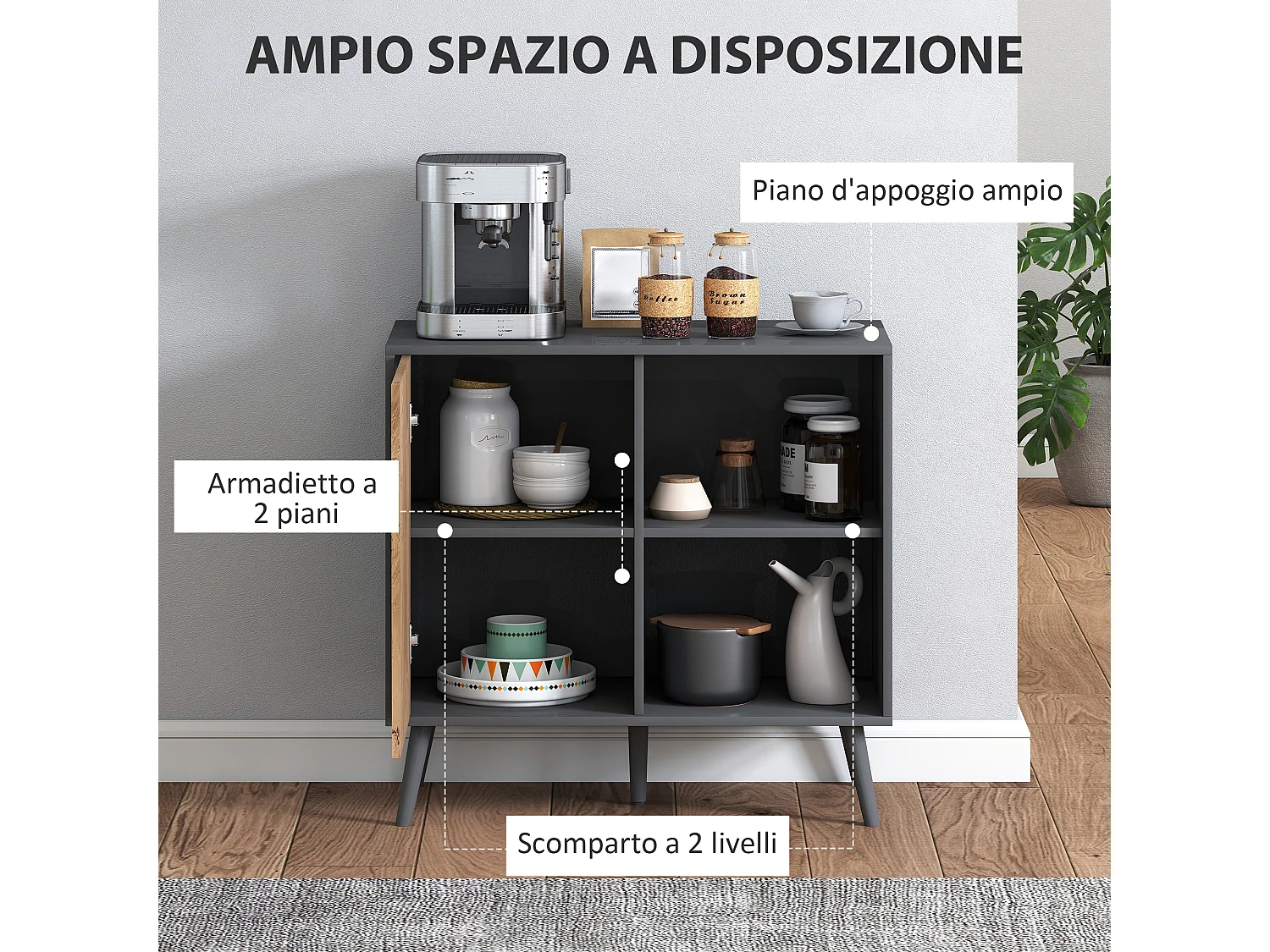 Credenza moderna con armadietto e vano portaoggetti in legno grigio