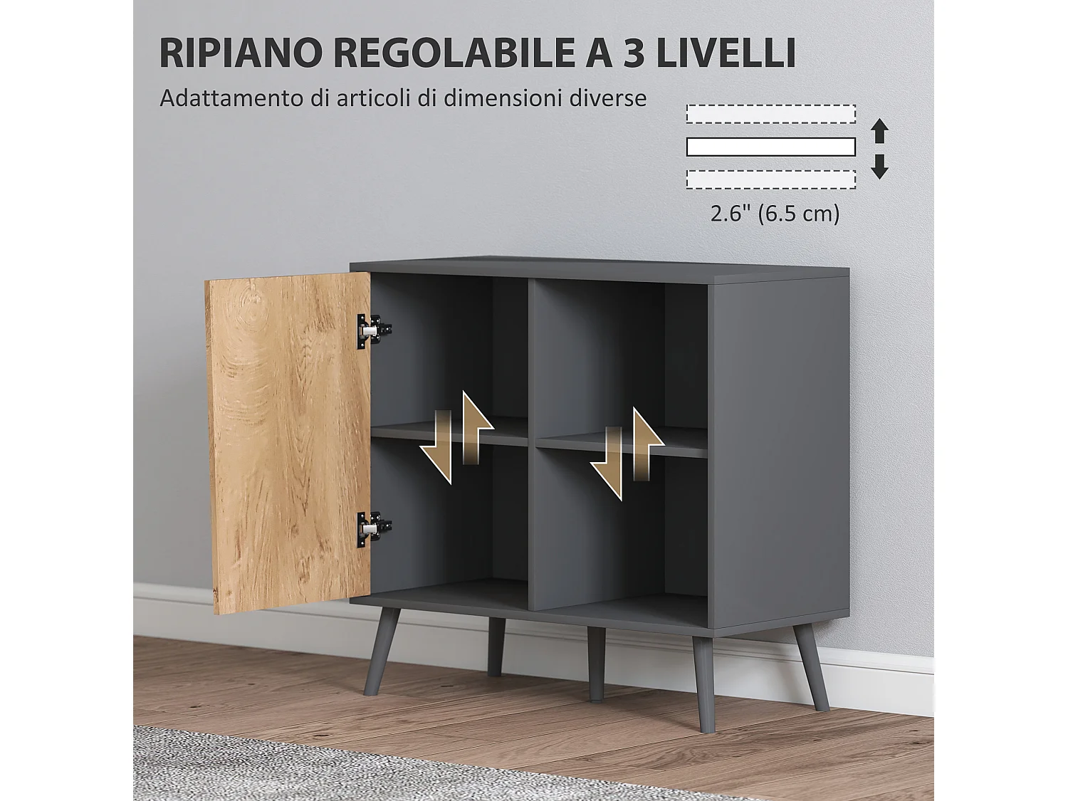 Credenza moderna con armadietto e vano portaoggetti in legno grigio