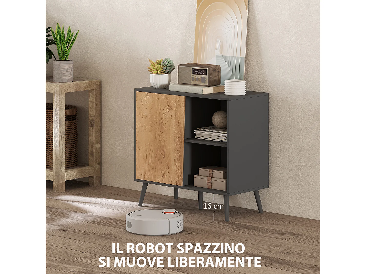 Credenza moderna con armadietto e vano portaoggetti in legno grigio