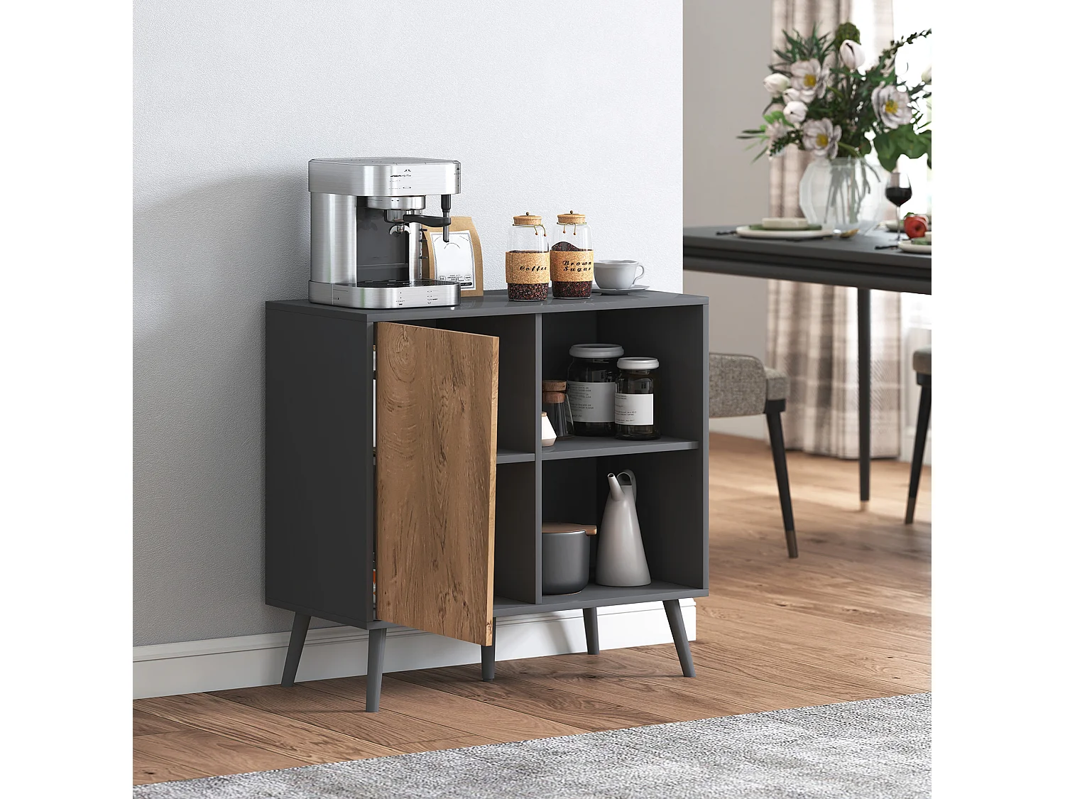 Credenza moderna con armadietto e vano portaoggetti in legno grigio