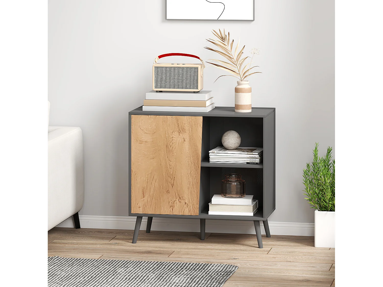 Credenza moderna con armadietto e vano portaoggetti in legno grigio