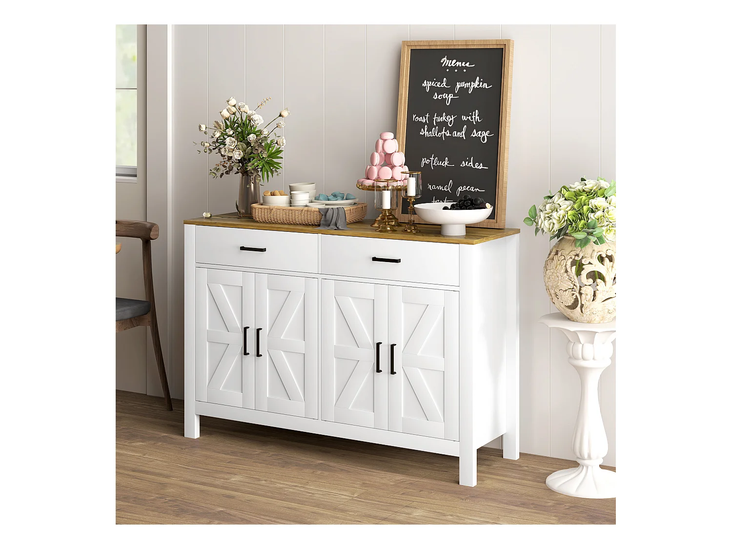 Credenza da cucina con 2 cassetti e 2 armadietti in legno bianco