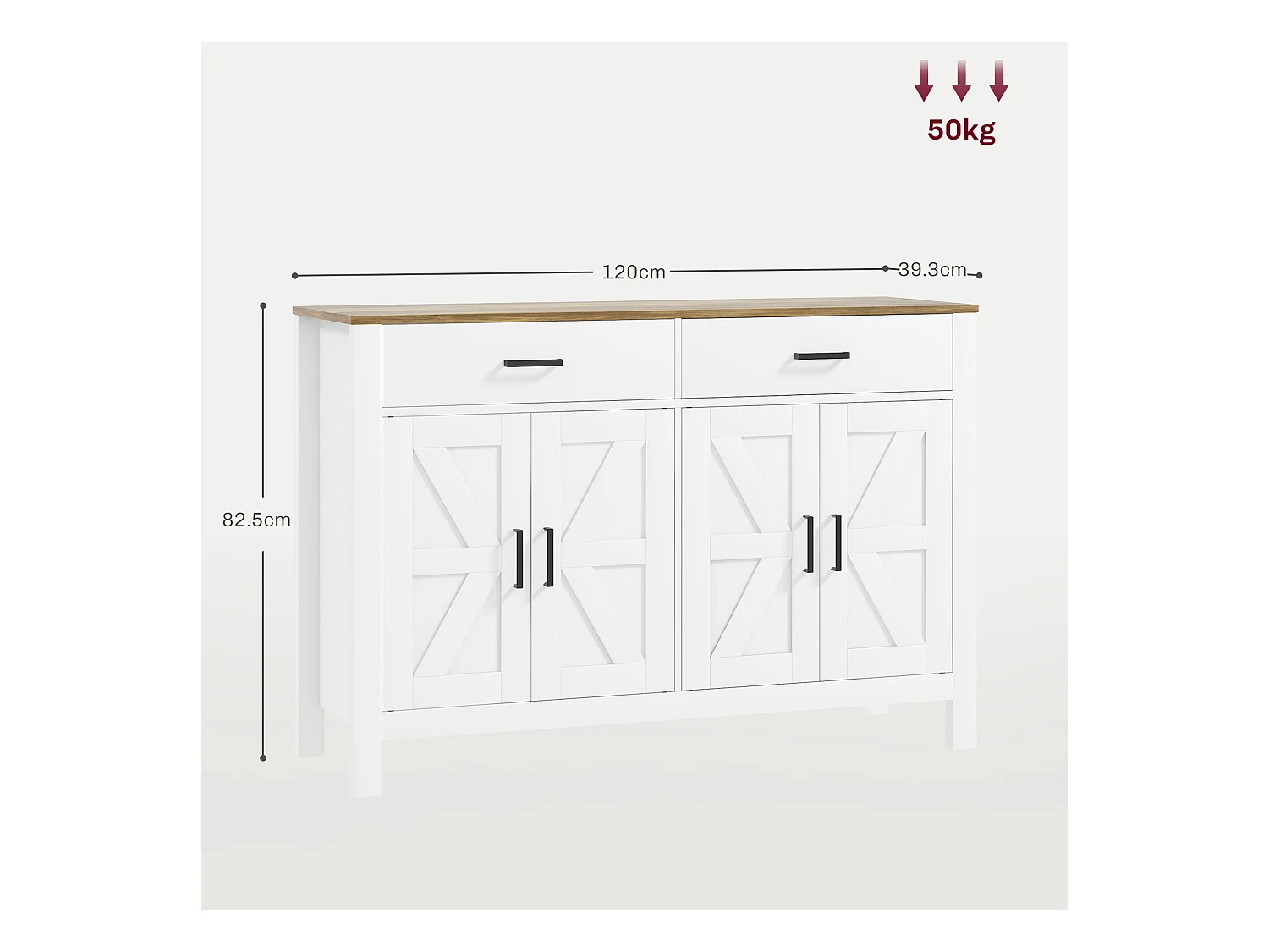 Credenza da cucina con 2 cassetti e 2 armadietti in legno bianco