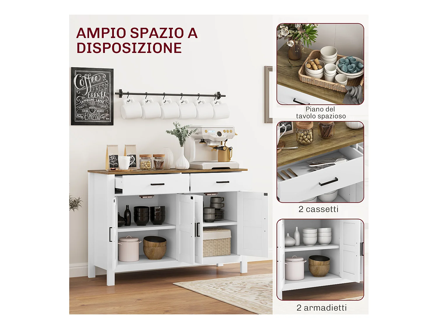 Credenza da cucina con 2 cassetti e 2 armadietti in legno bianco