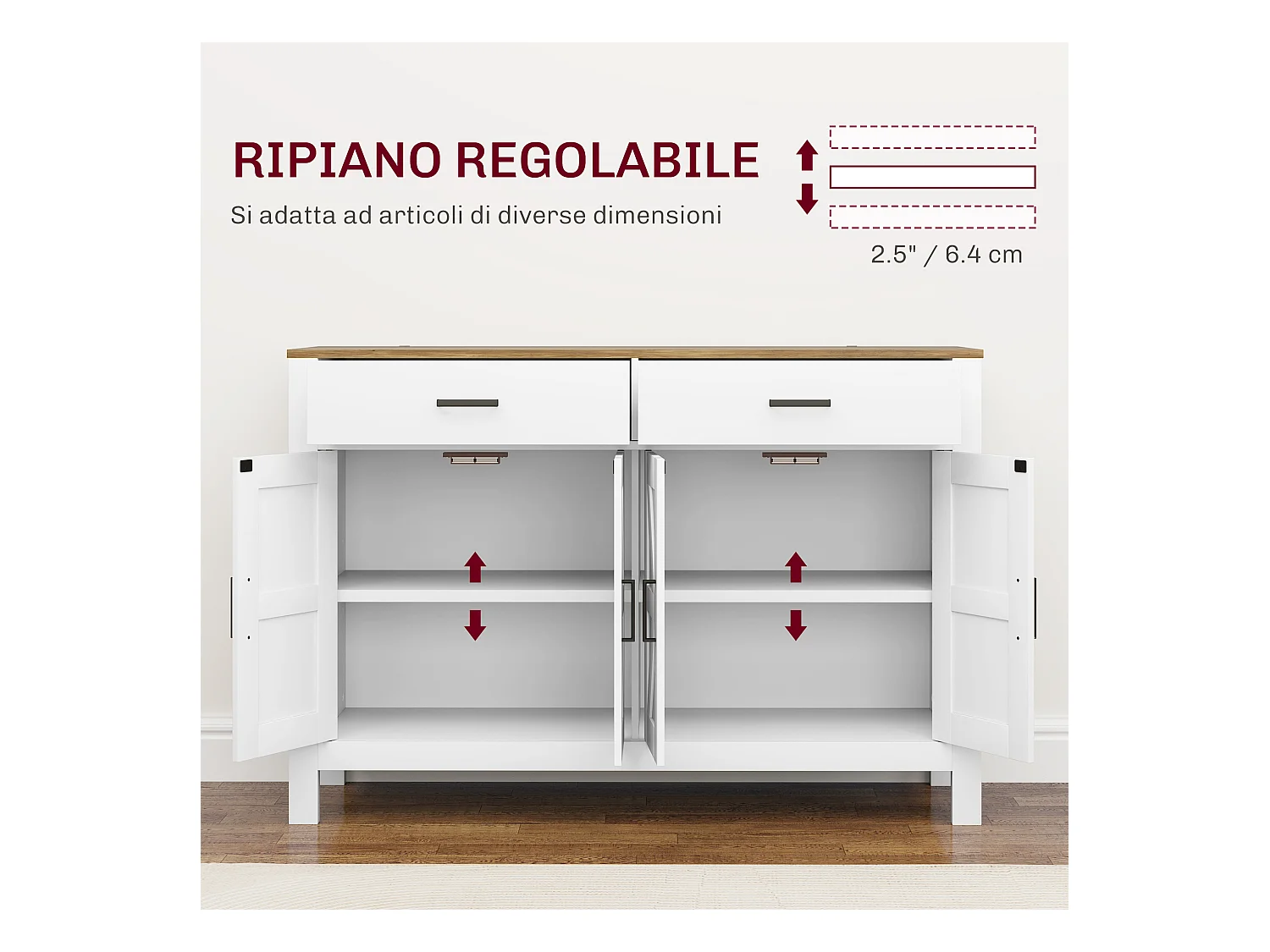 Credenza da cucina con 2 cassetti e 2 armadietti in legno bianco