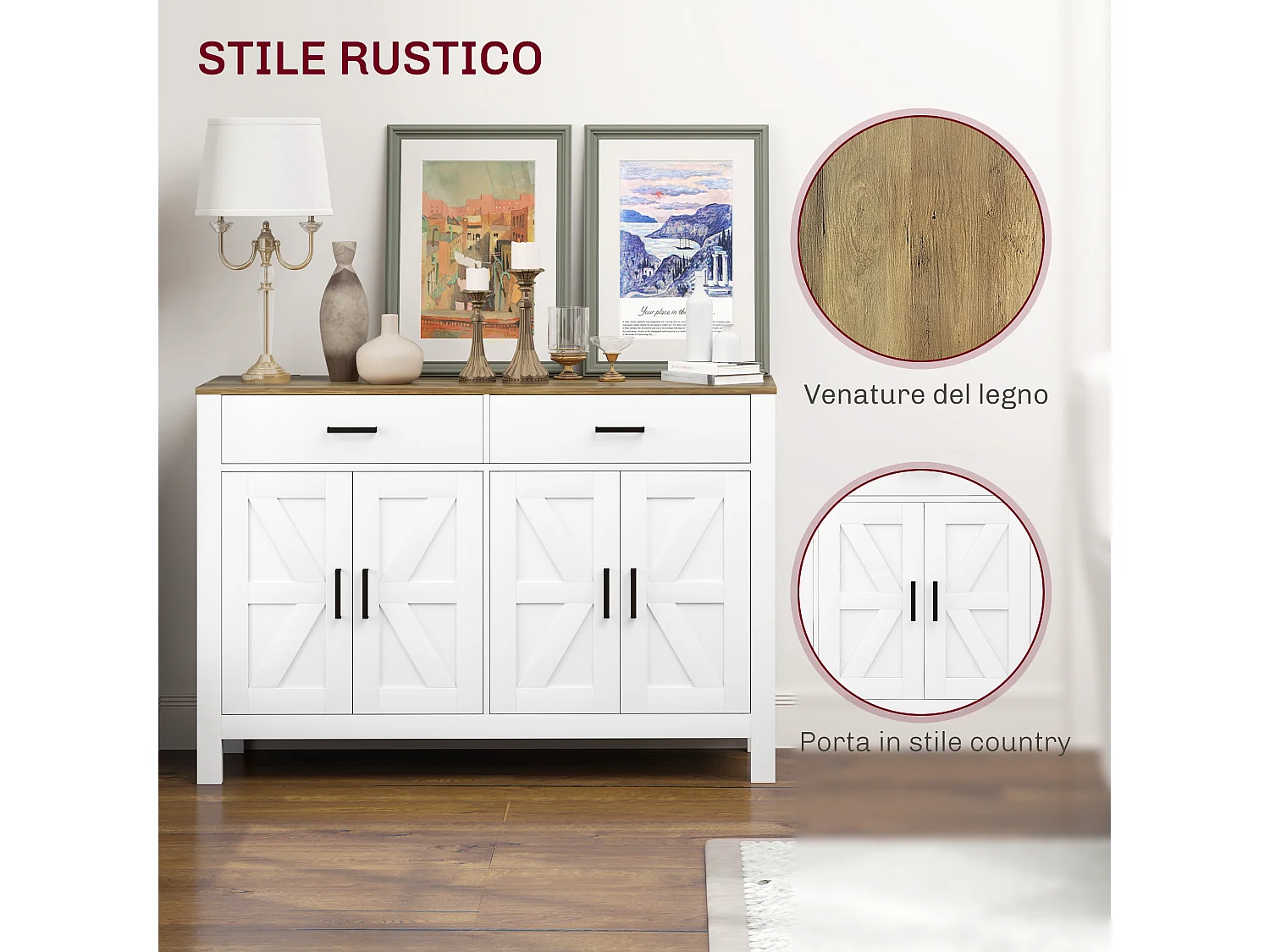 Credenza da cucina con 2 cassetti e 2 armadietti in legno bianco