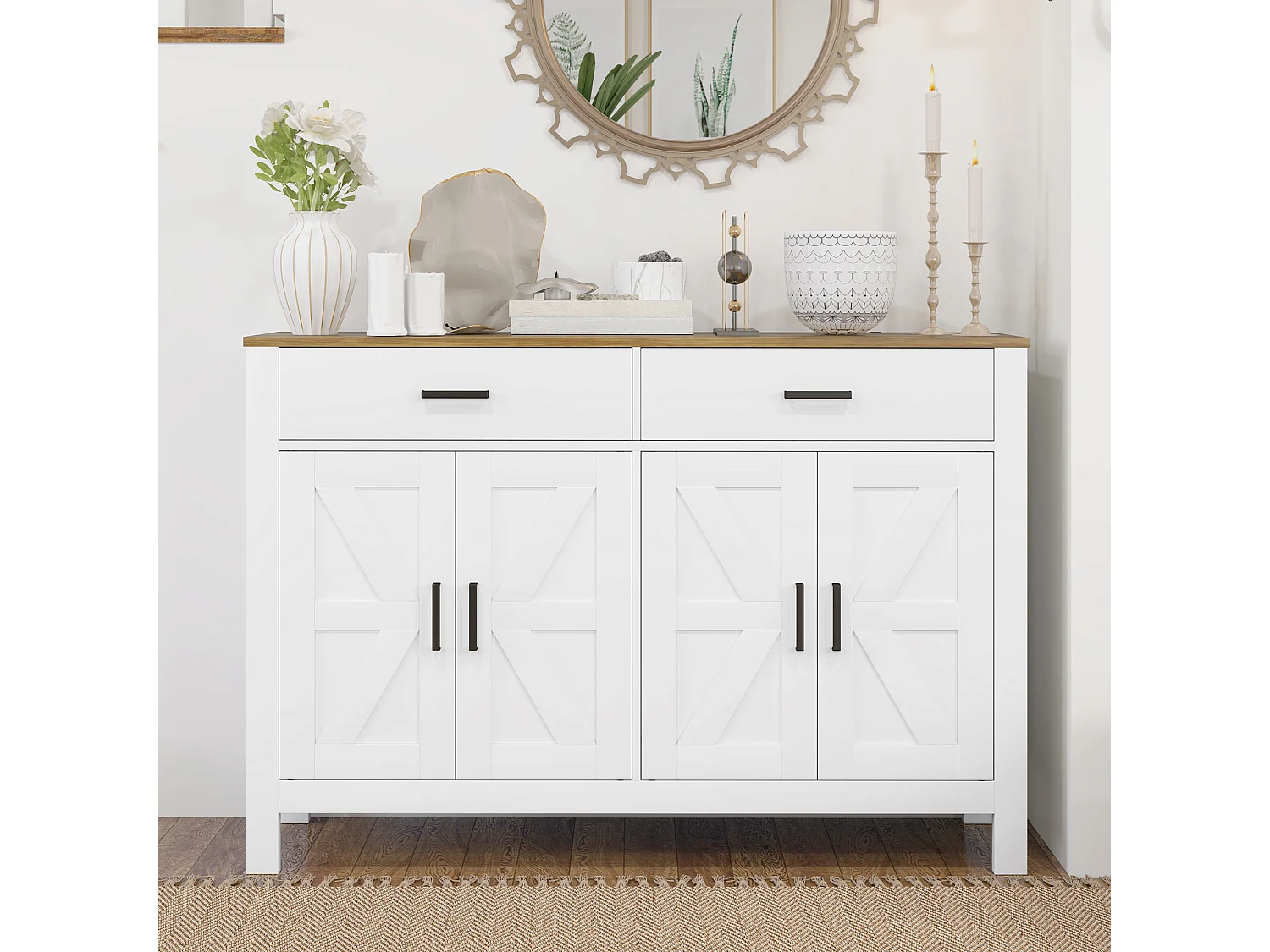 Credenza da cucina con 2 cassetti e 2 armadietti in legno bianco