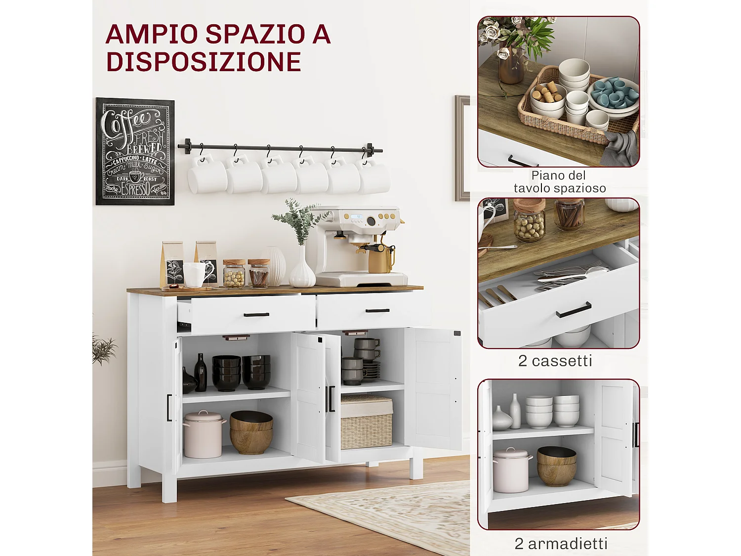 Credenza da cucina con 2 cassetti e 2 armadietti in legno bianco