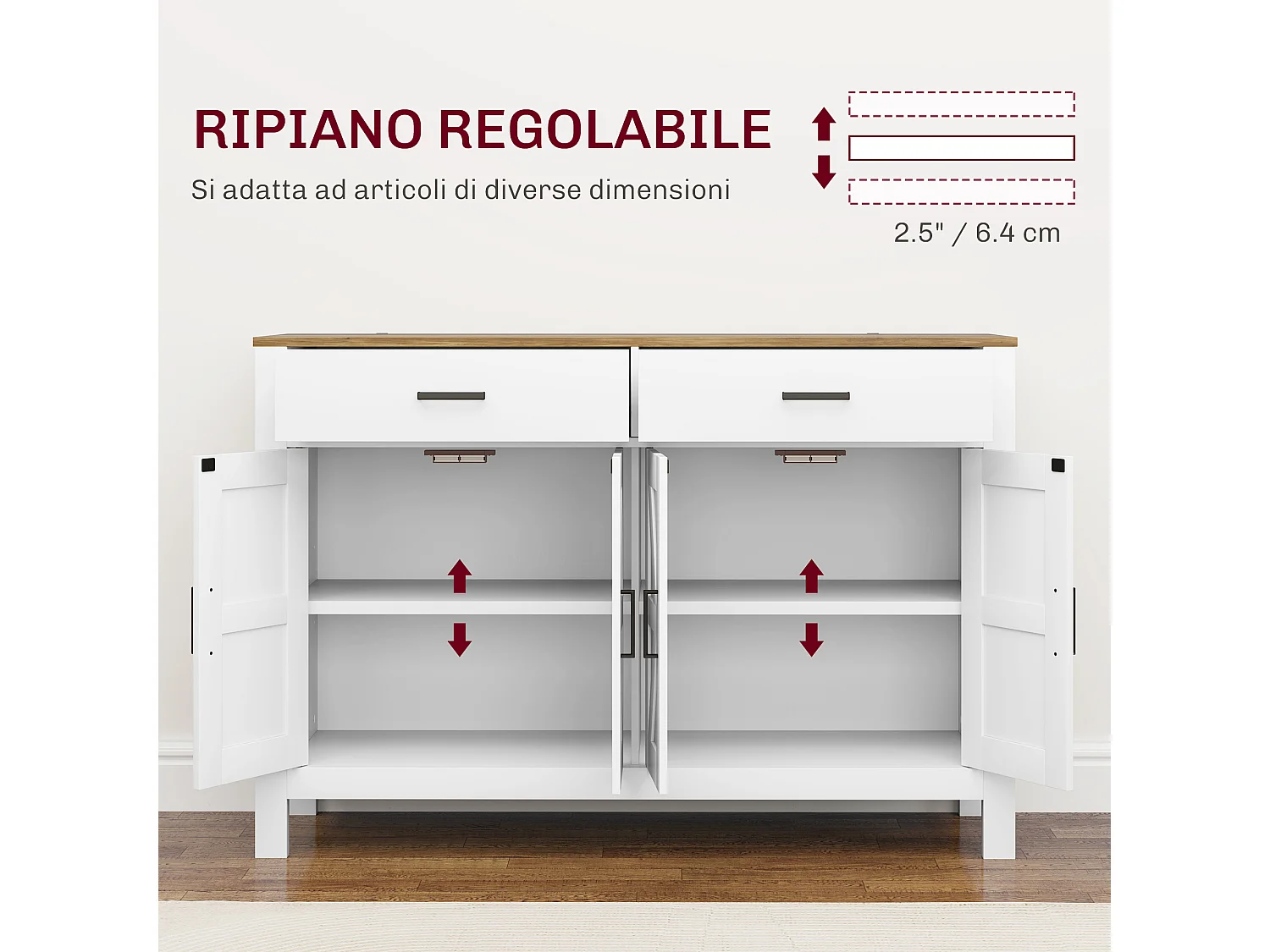 Credenza da cucina con 2 cassetti e 2 armadietti in legno bianco