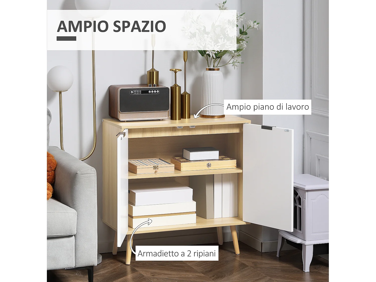 Mobile multiuso con ripiano interno regolabile su 3 livelli