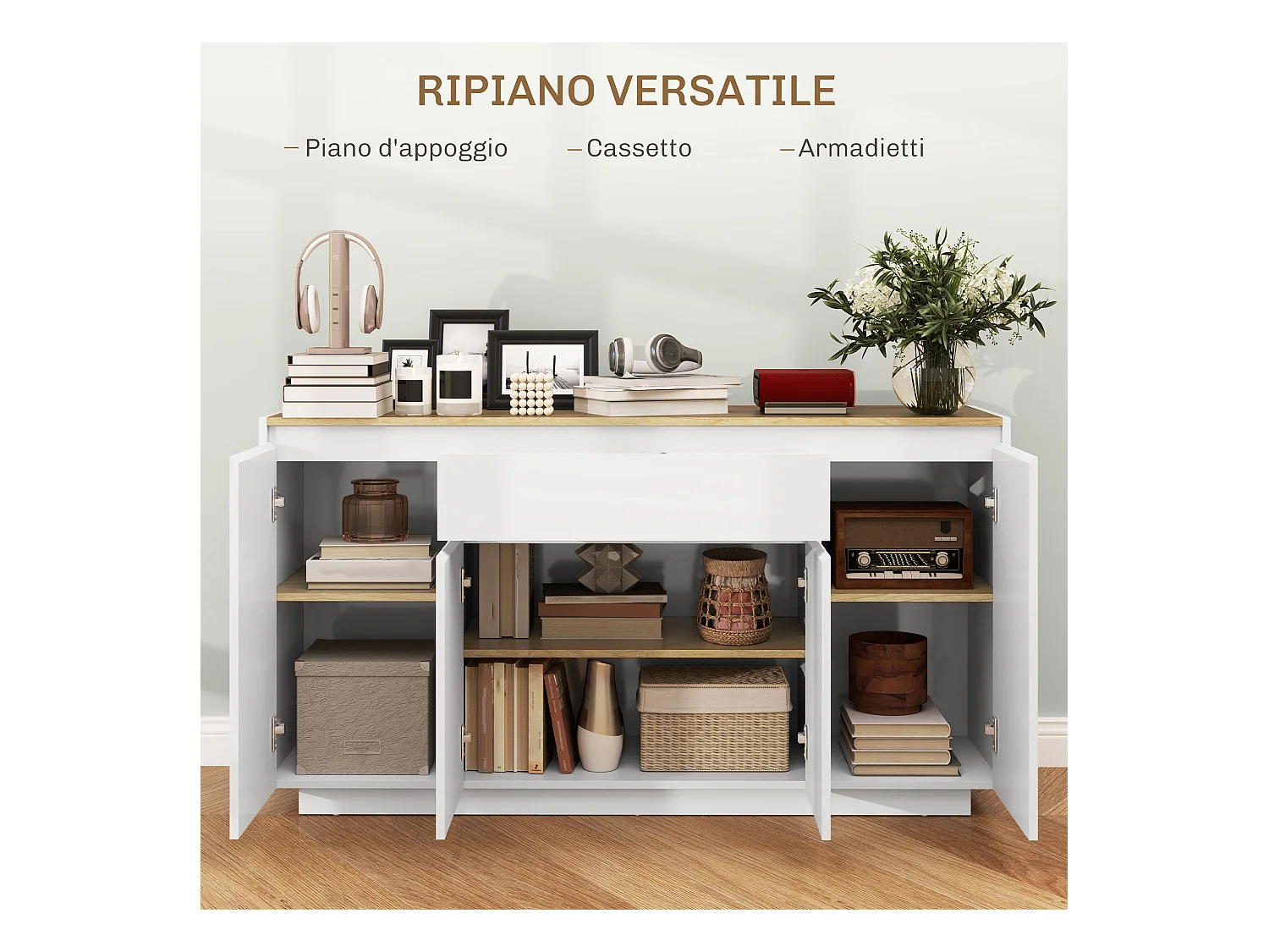 Credenza da cucina moderna con cassetto e 3 armadietti bianco