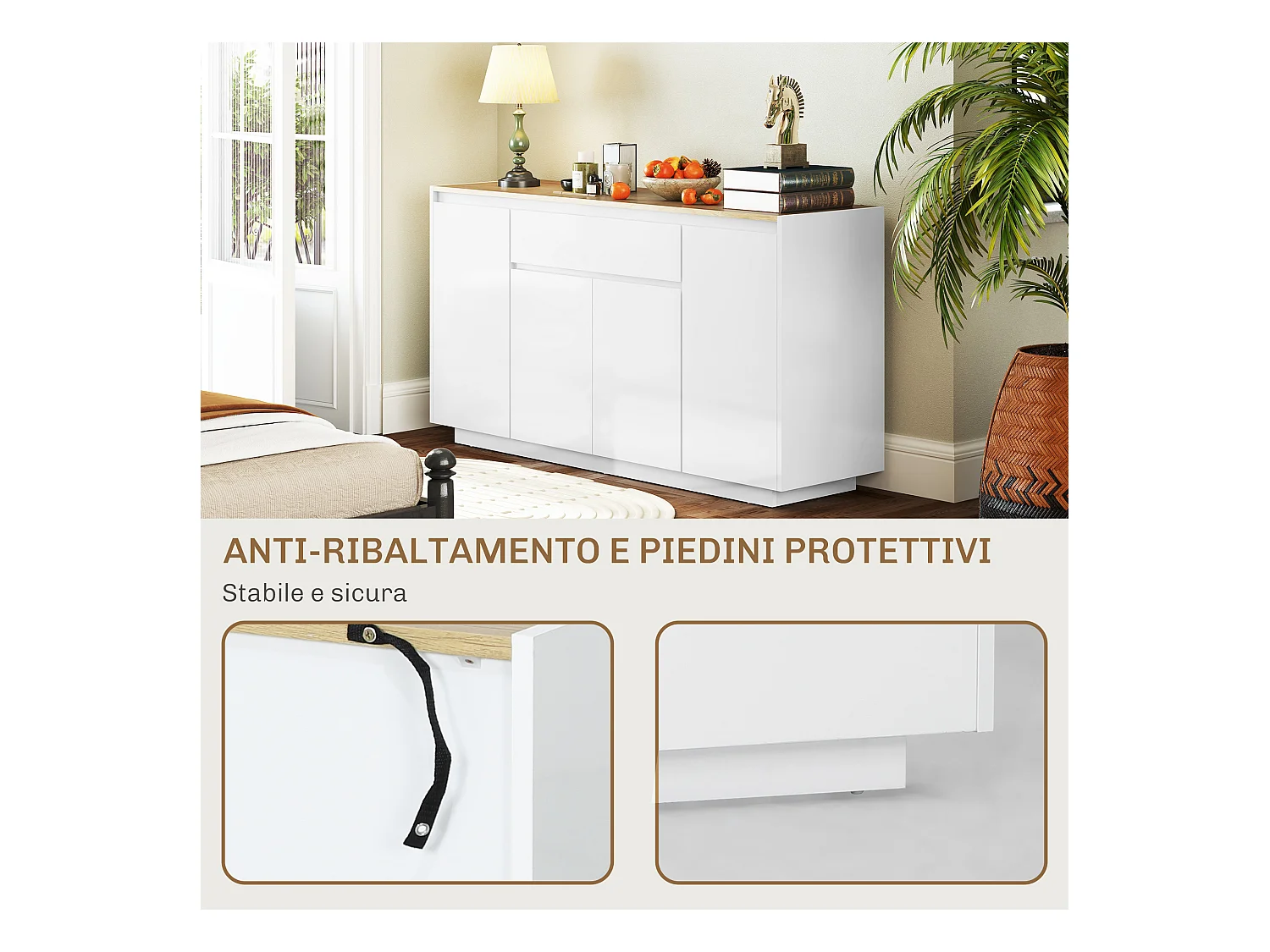 Credenza da cucina moderna con cassetto e 3 armadietti bianco