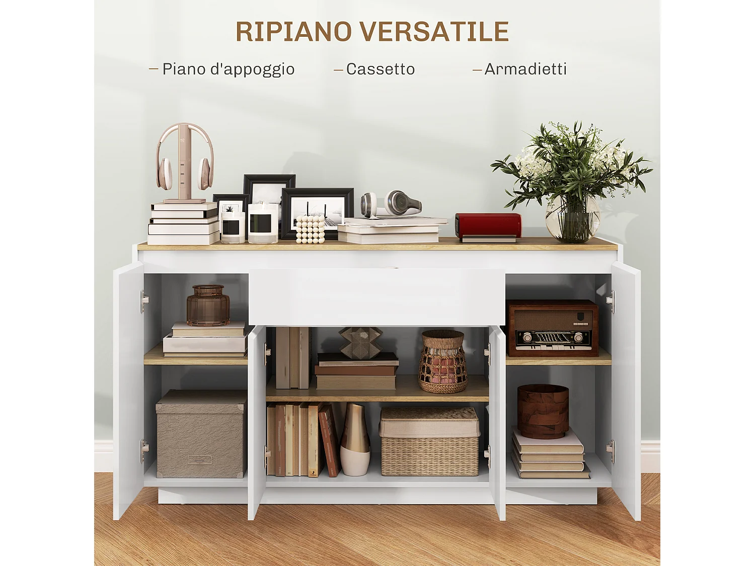 Credenza da cucina moderna con cassetto e 3 armadietti bianco