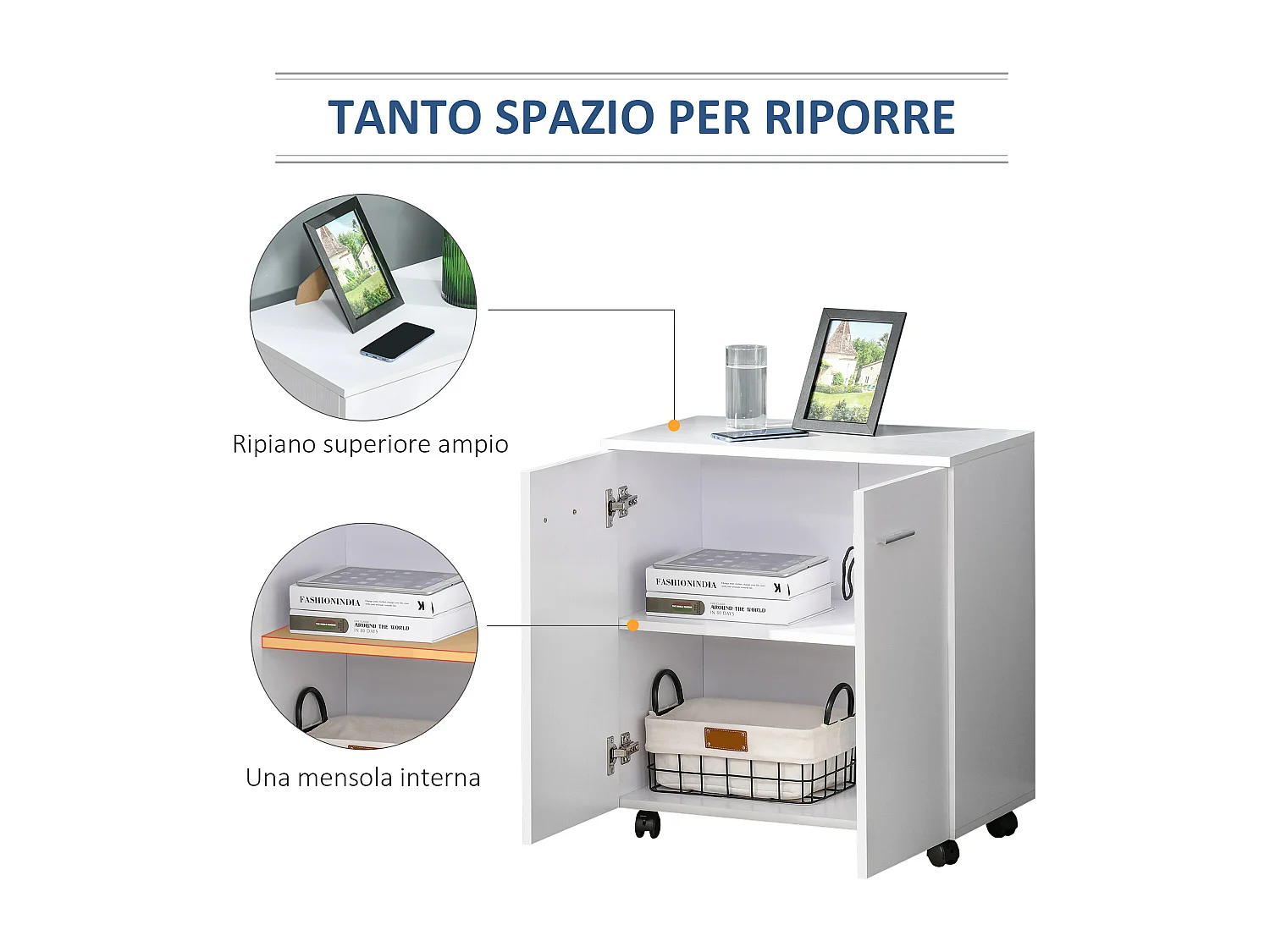 Mobiletto basso con 2 ante e ruote per ufficio e casa in legno