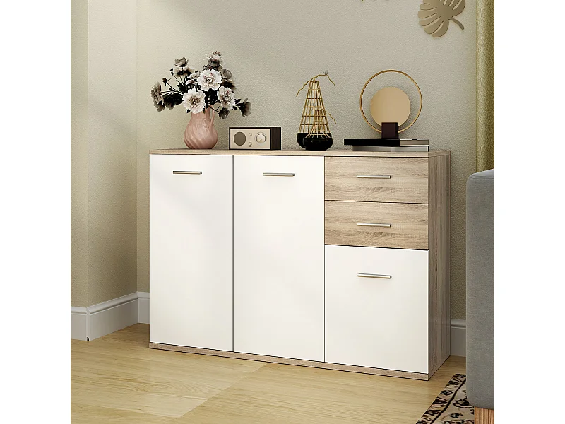 Credenza moderna con 3 armadietti e 2 cassetti in legno color legno