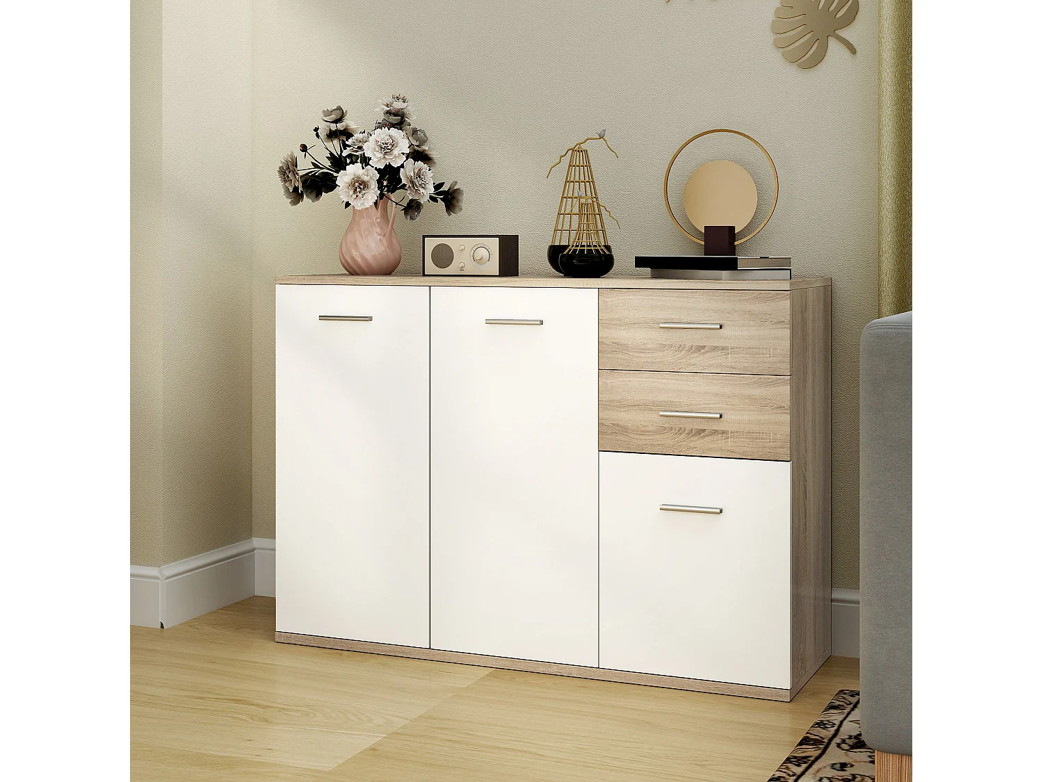 Credenza moderna con 3 armadietti e 2 cassetti in legno color legno