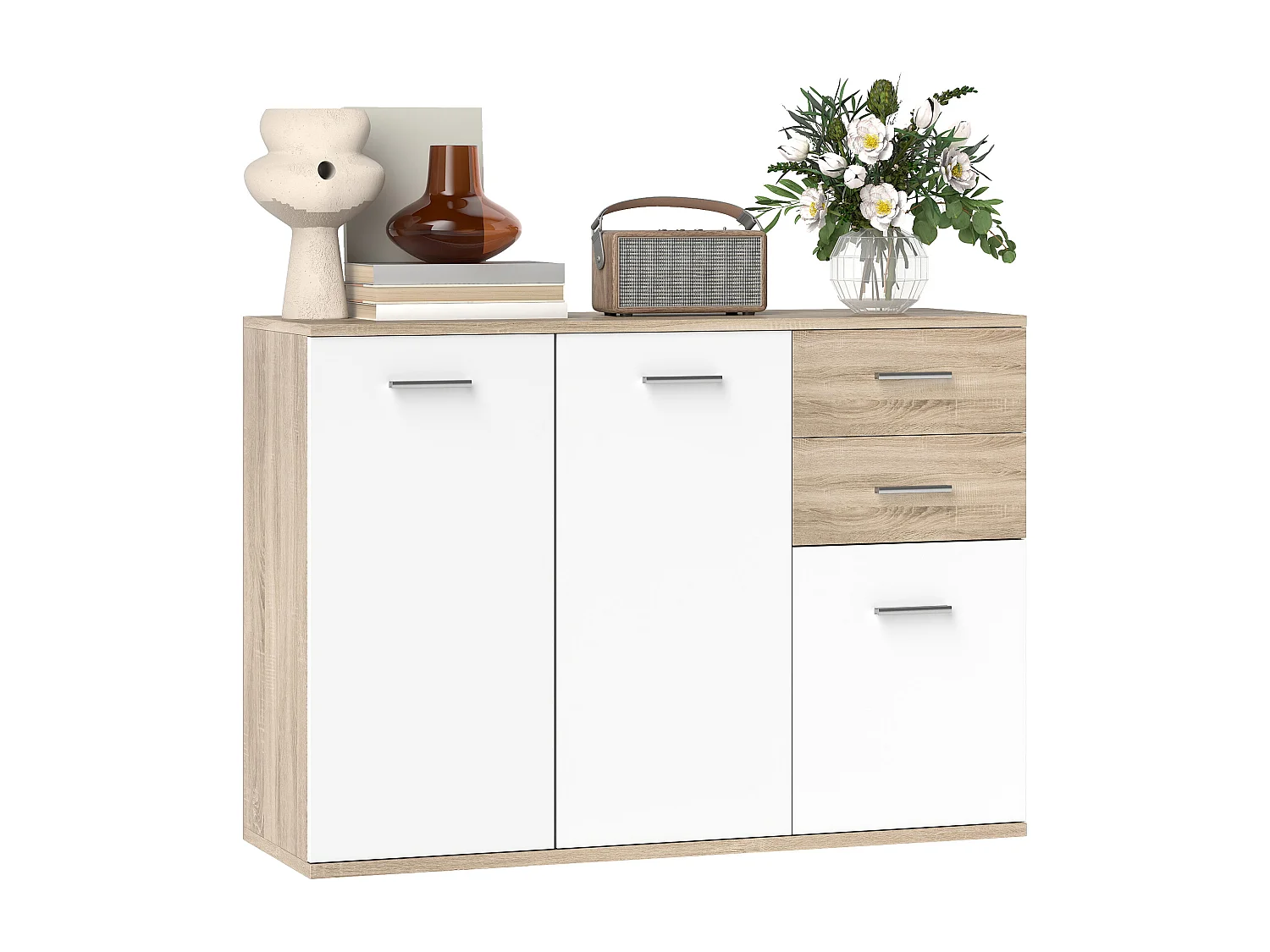 Credenza moderna con 3 armadietti e 2 cassetti in legno color legno