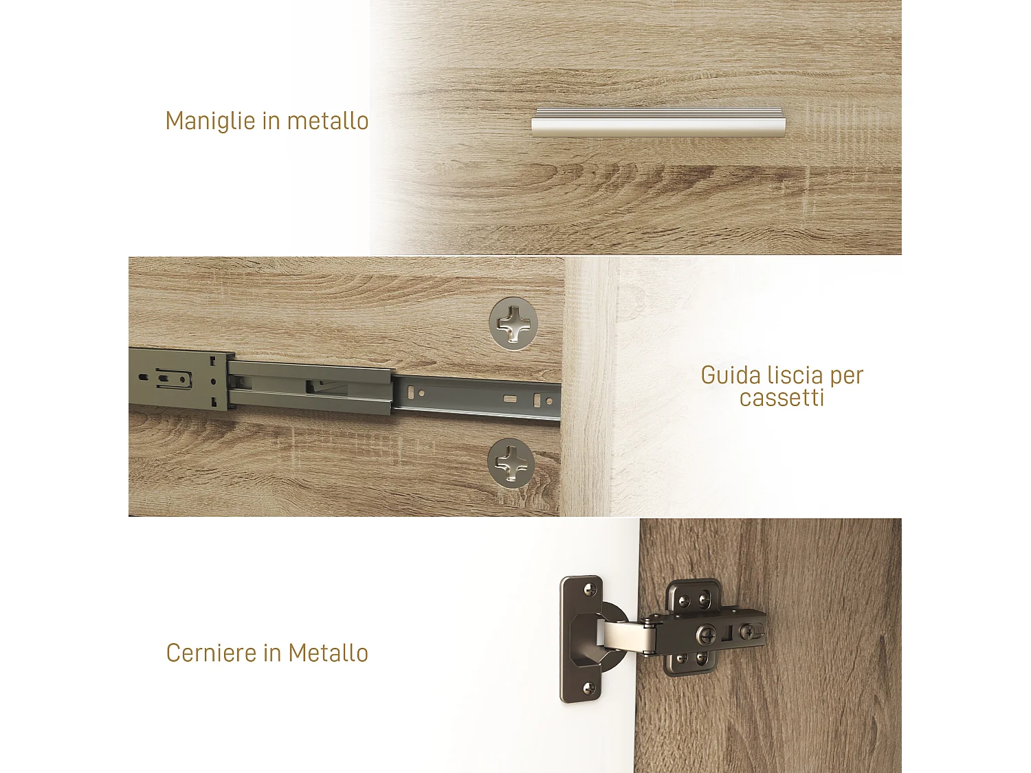 Credenza moderna con 3 armadietti e 2 cassetti in legno color legno