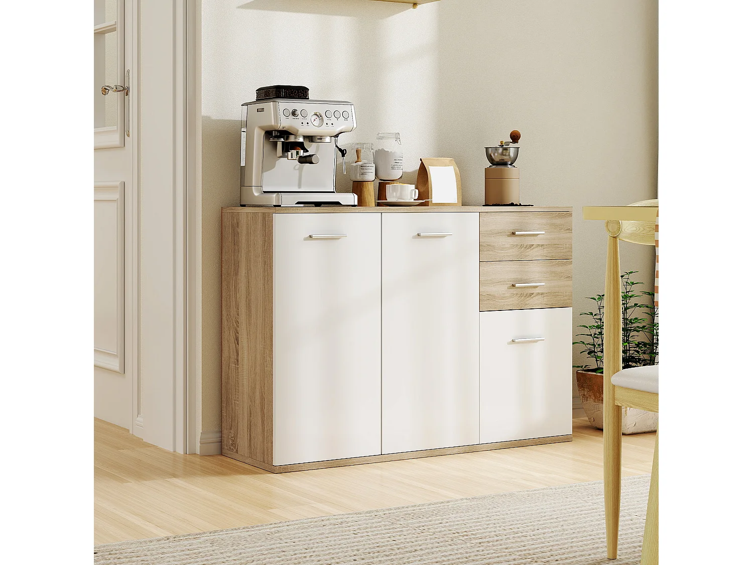 Credenza moderna con 3 armadietti e 2 cassetti in legno color legno