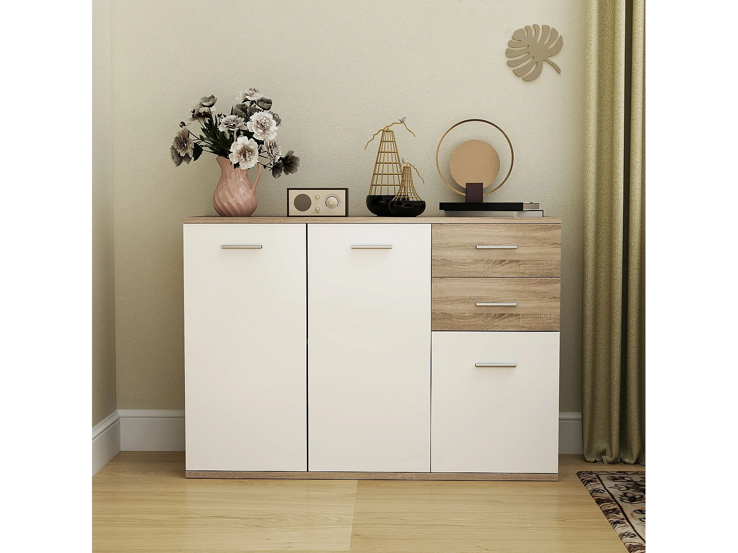 Credenza moderna con 3 armadietti e 2 cassetti in legno color legno