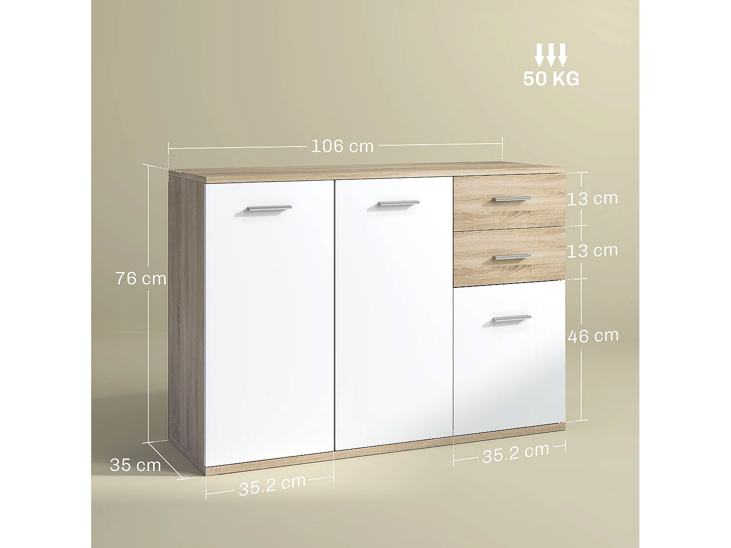 Credenza moderna con 3 armadietti e 2 cassetti in legno color legno