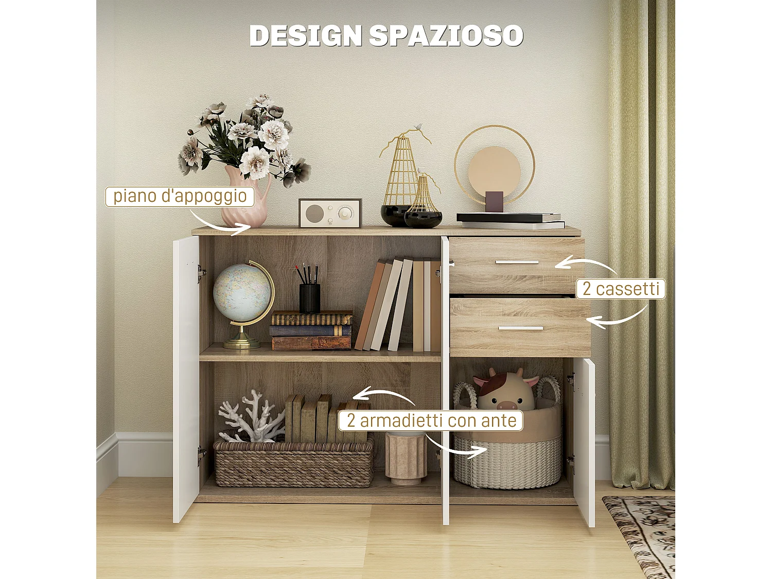 Credenza moderna con 3 armadietti e 2 cassetti in legno color legno