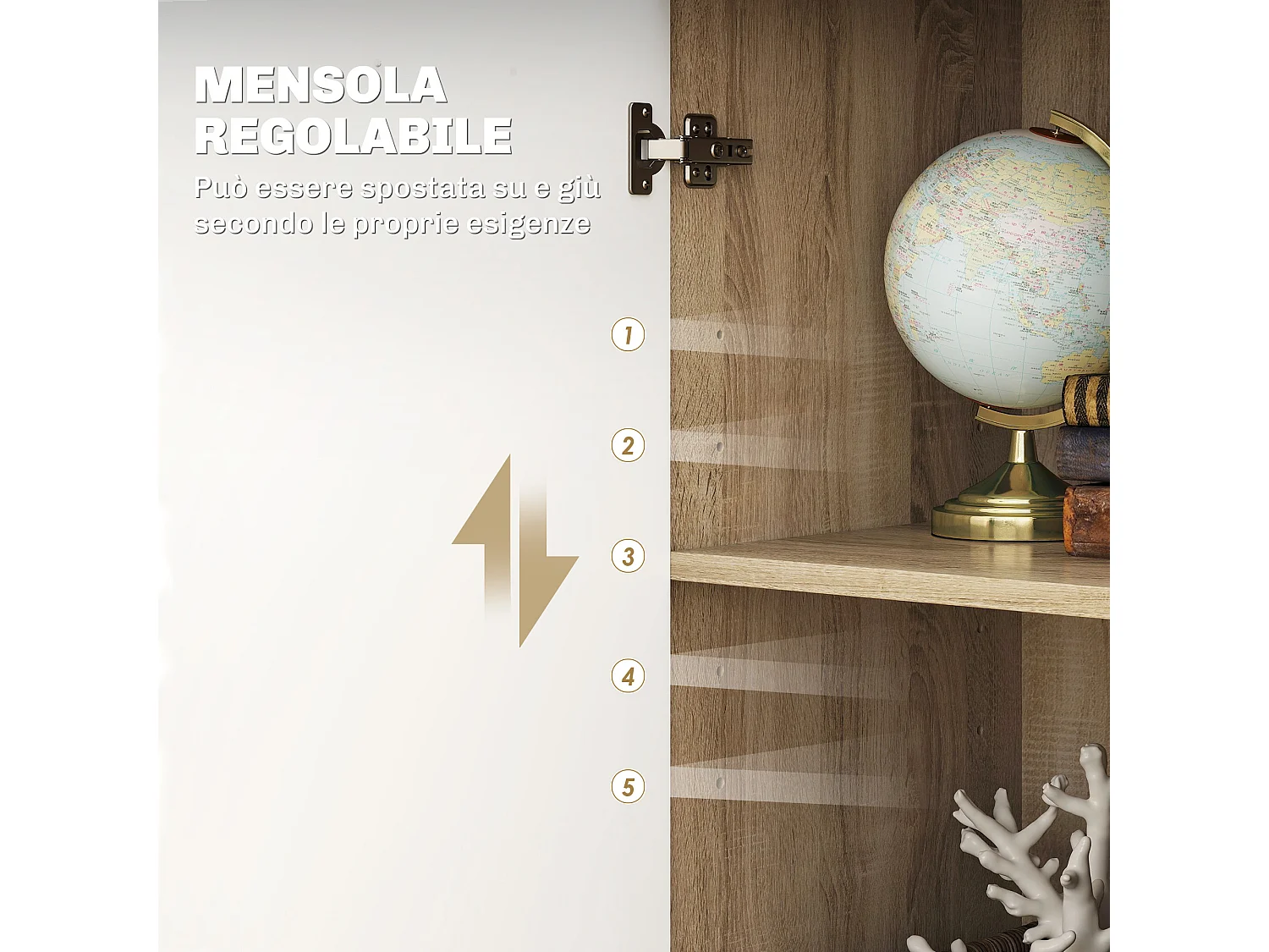 Credenza moderna con 3 armadietti e 2 cassetti in legno color legno