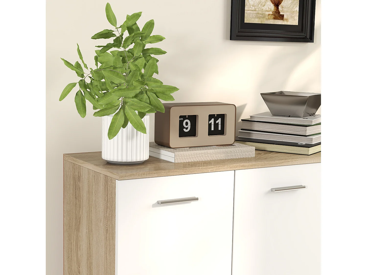 Credenza moderna con 3 armadietti e 2 cassetti in legno color legno