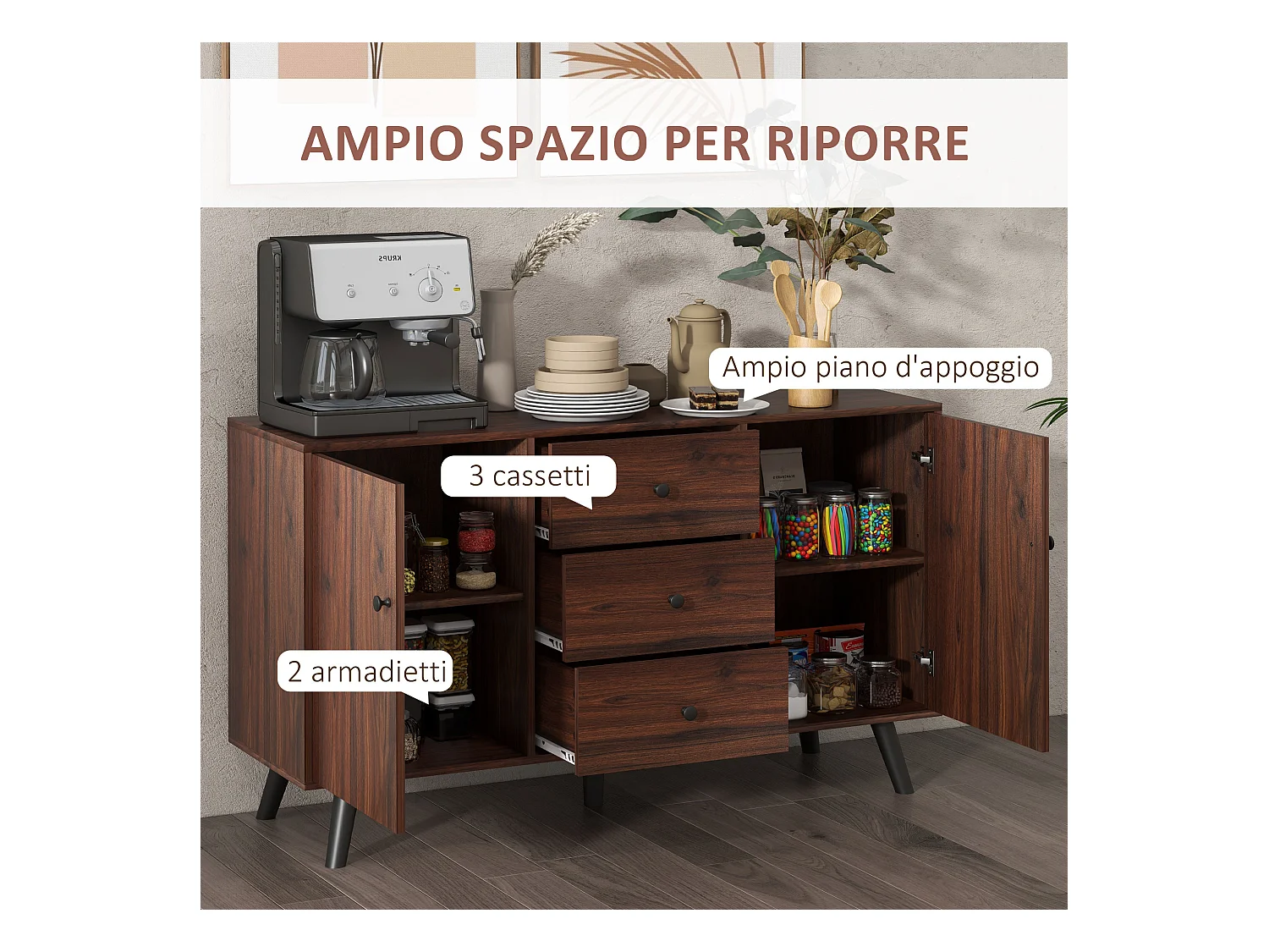 Credenza moderna multiuso con 2 armadietti e 3 cassetti