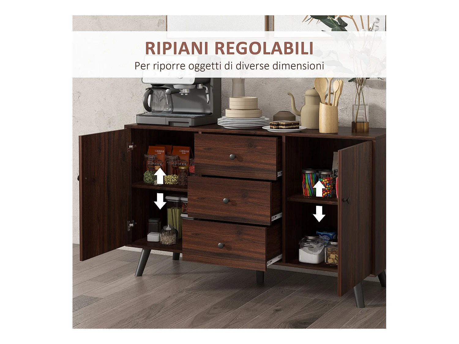Credenza moderna multiuso con 2 armadietti e 3 cassetti