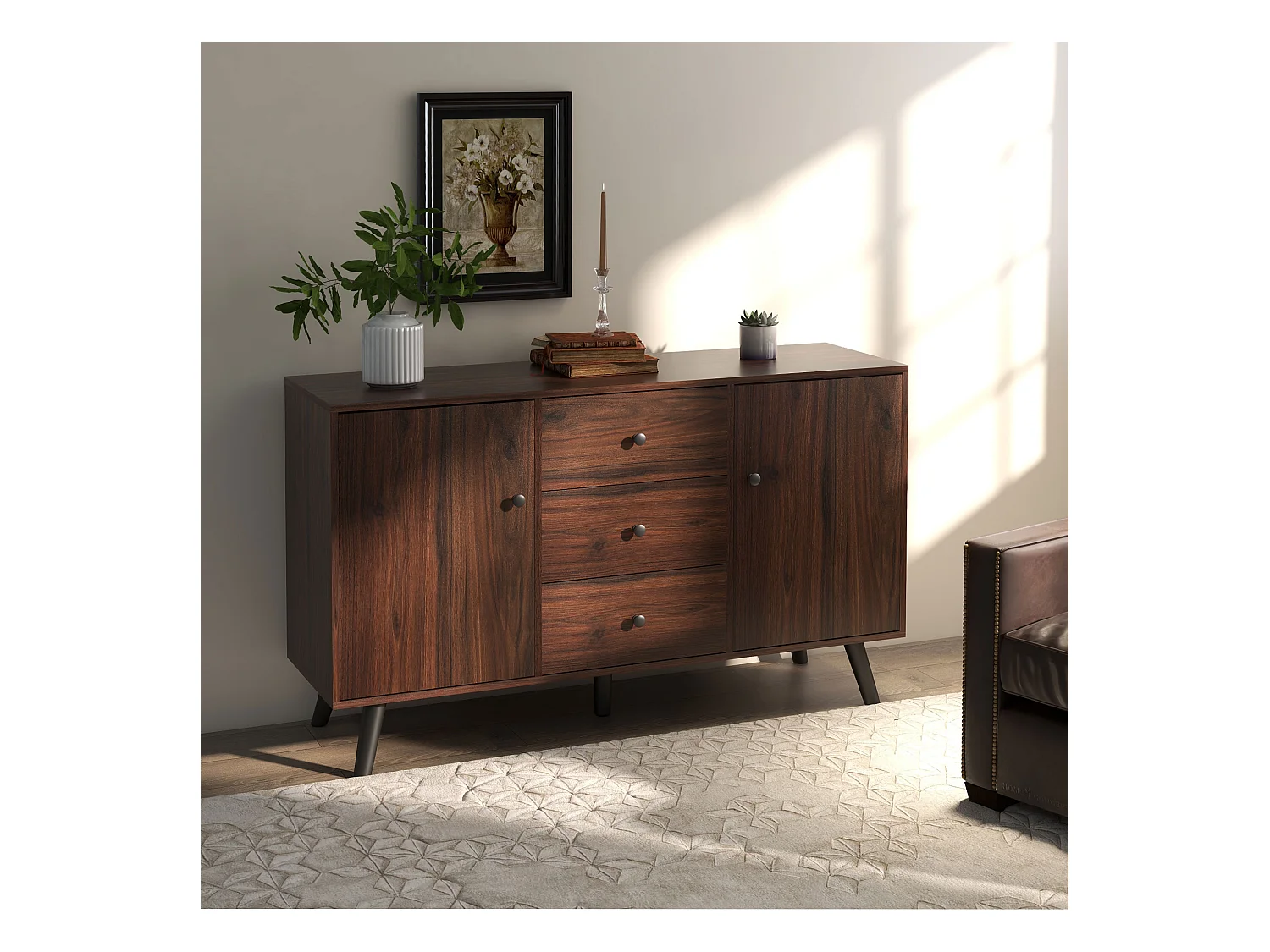 Credenza moderna multiuso con 2 armadietti e 3 cassetti