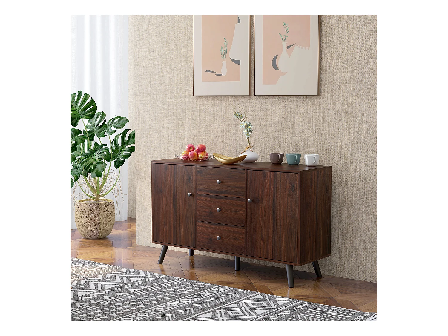 Credenza moderna multiuso con 2 armadietti e 3 cassetti