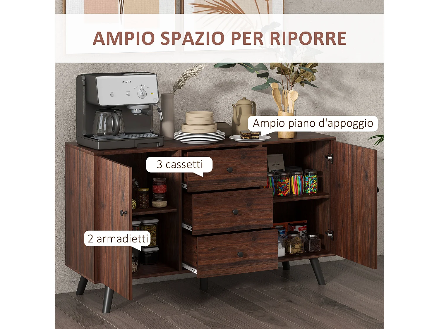 Credenza moderna multiuso con 2 armadietti e 3 cassetti