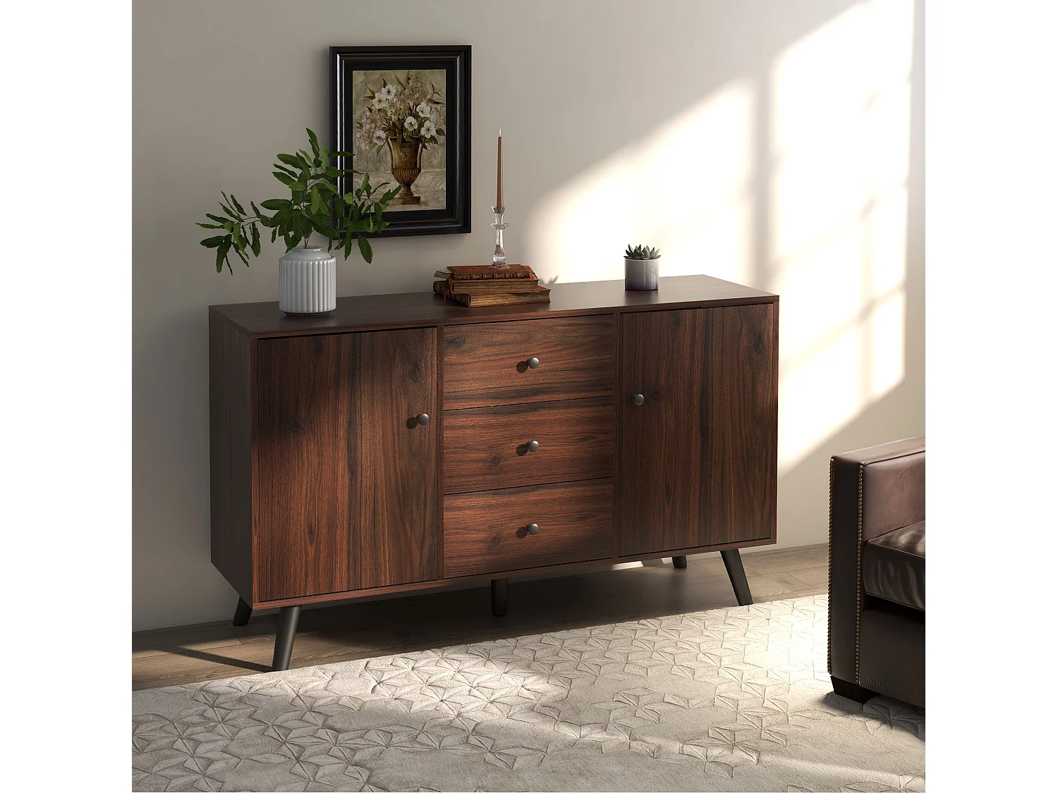 Credenza moderna multiuso con 2 armadietti e 3 cassetti