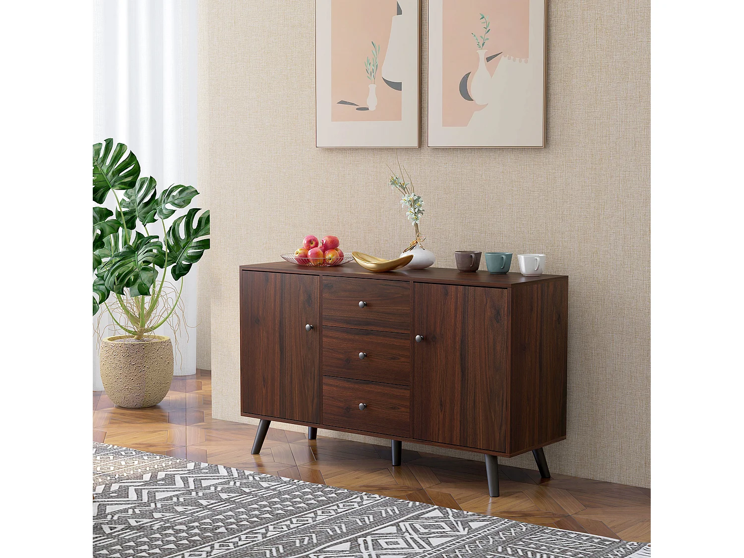 Credenza moderna multiuso con 2 armadietti e 3 cassetti