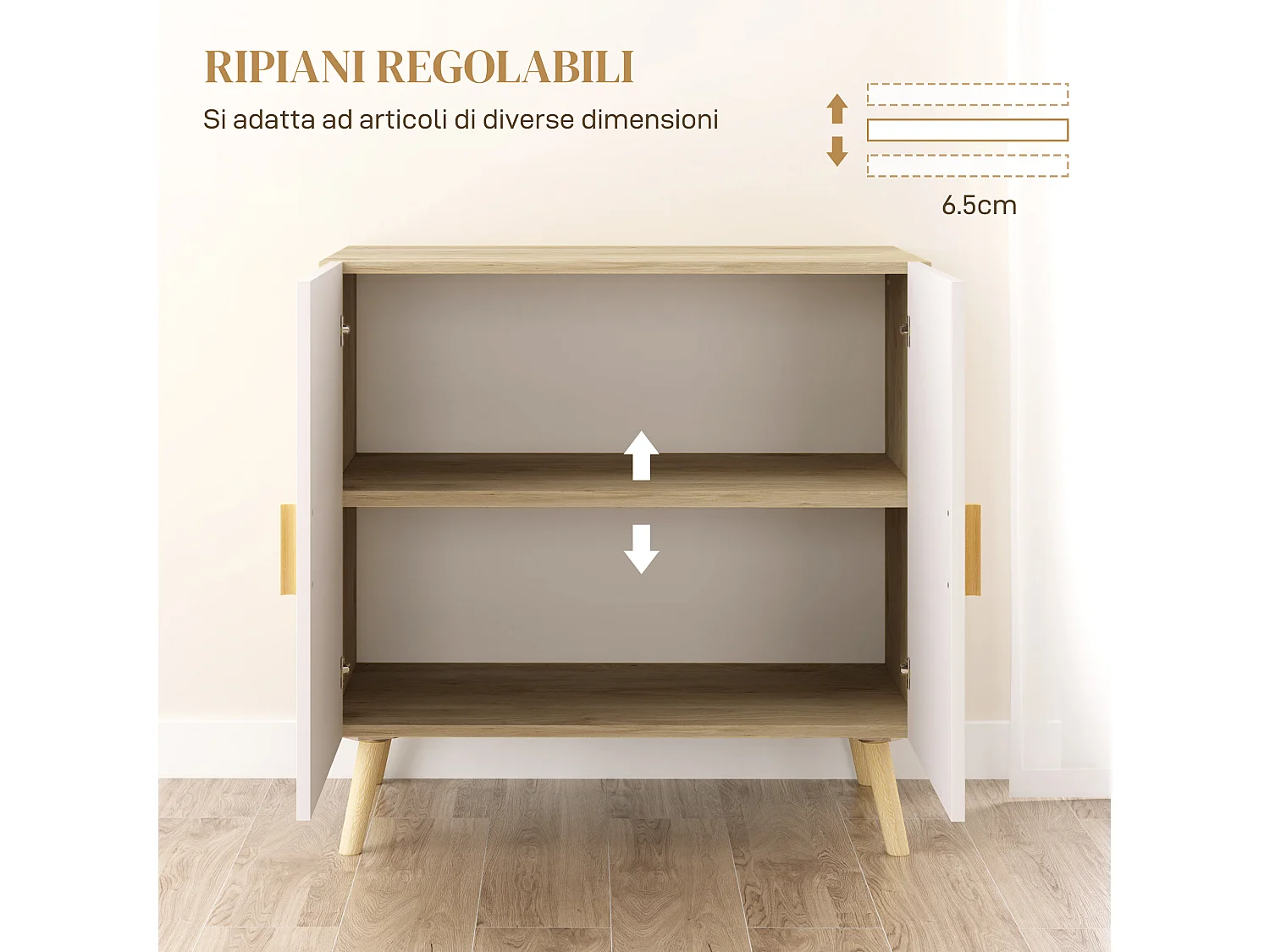 Mobile multiuso con ripiano regolabile 3 livelli bianco e rovere