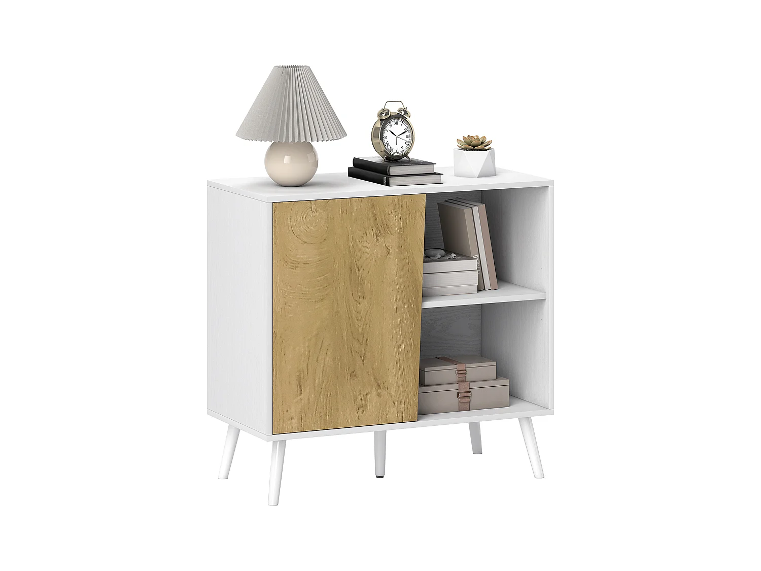 Credenza moderna con armadietto e vano portaoggetti in legno bianco